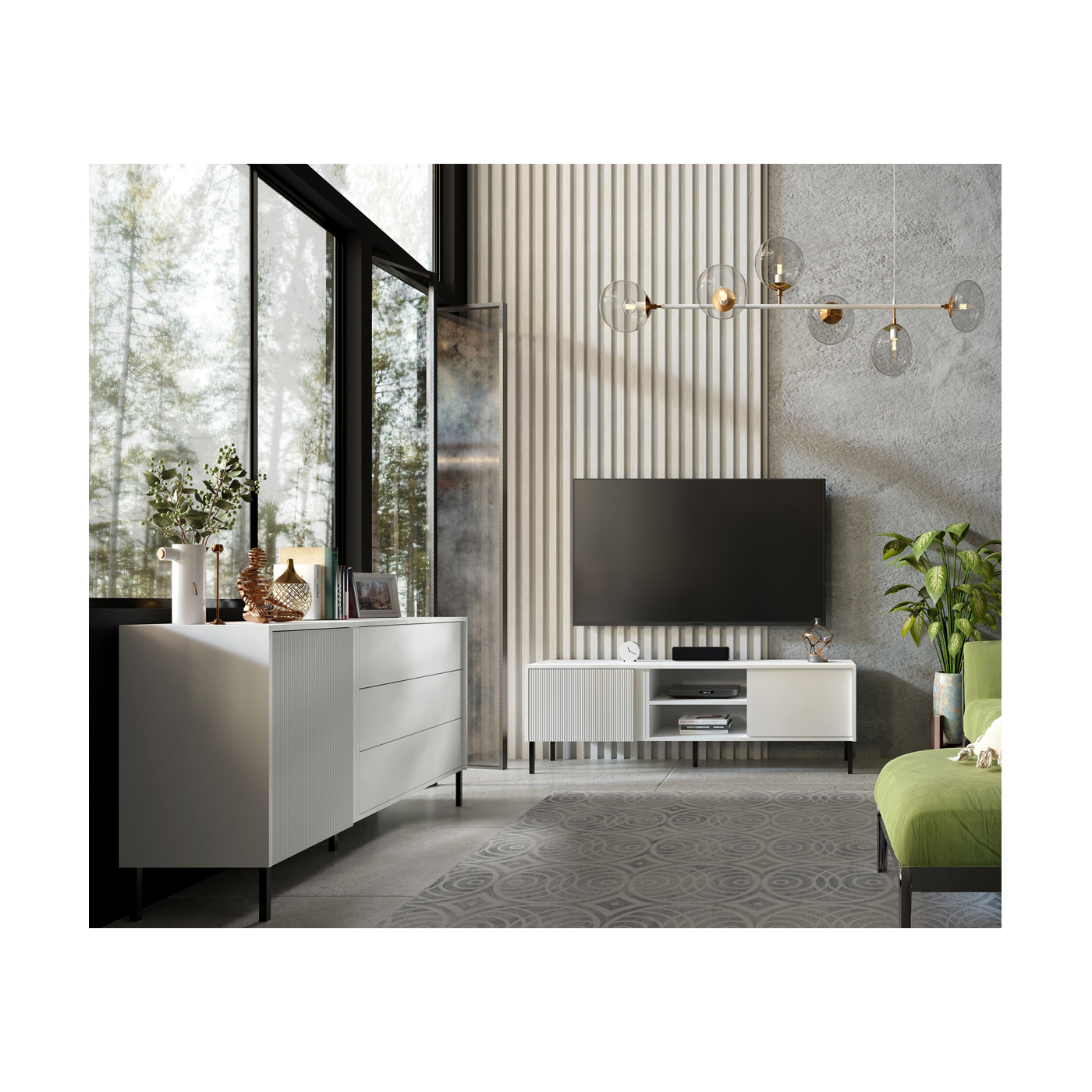 zestaw mebli ryflowanych Mia 2 komoda szafka rtv na nóżkach komplet