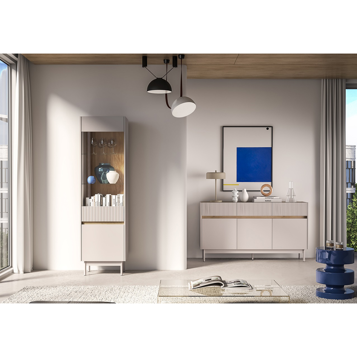 zestaw mebli na nóżkach Dunea 3 komoda witryna nowoczesna kaszmir