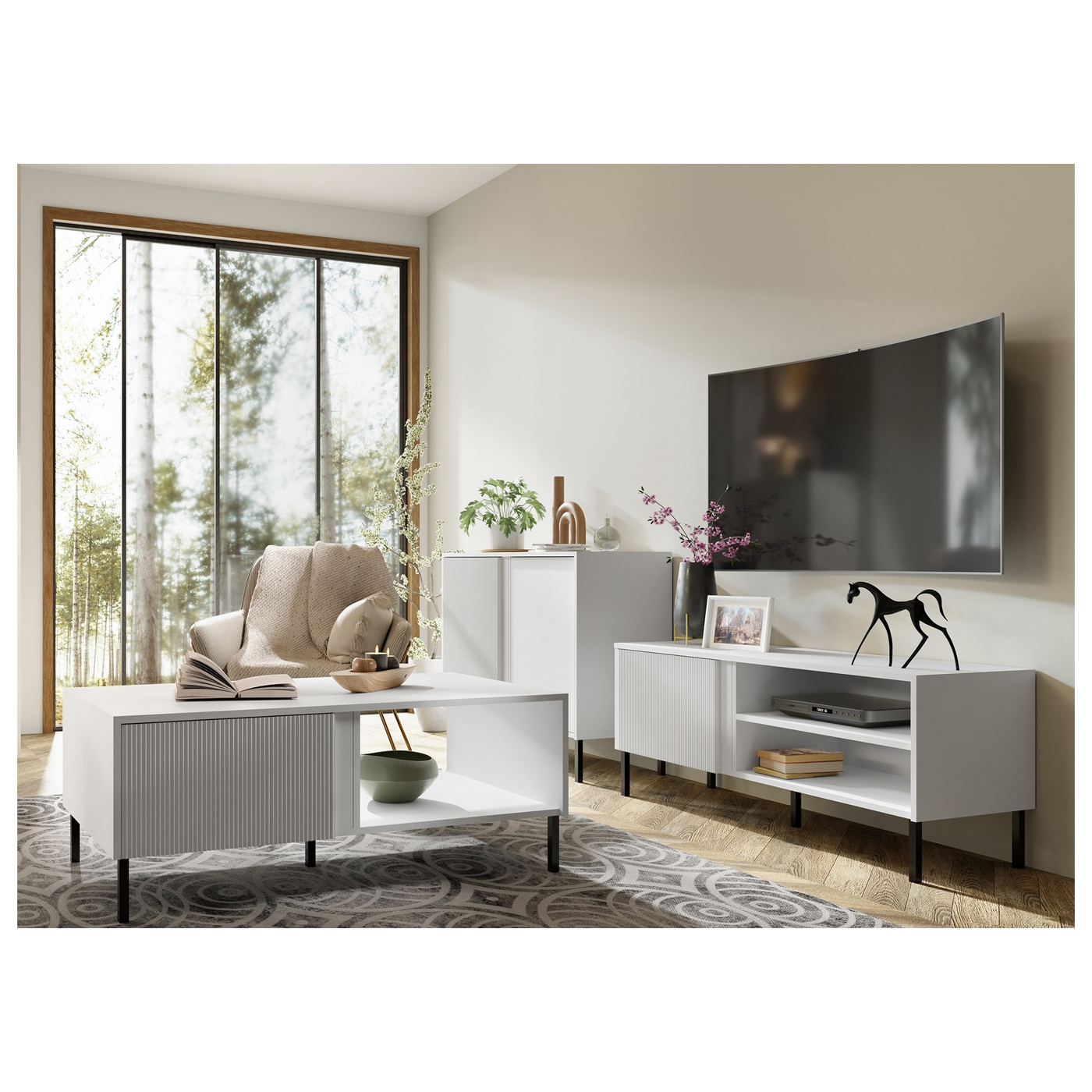 zestaw na nóżkach nowoczesny Mia 3 komoda szafka rtv ława biała