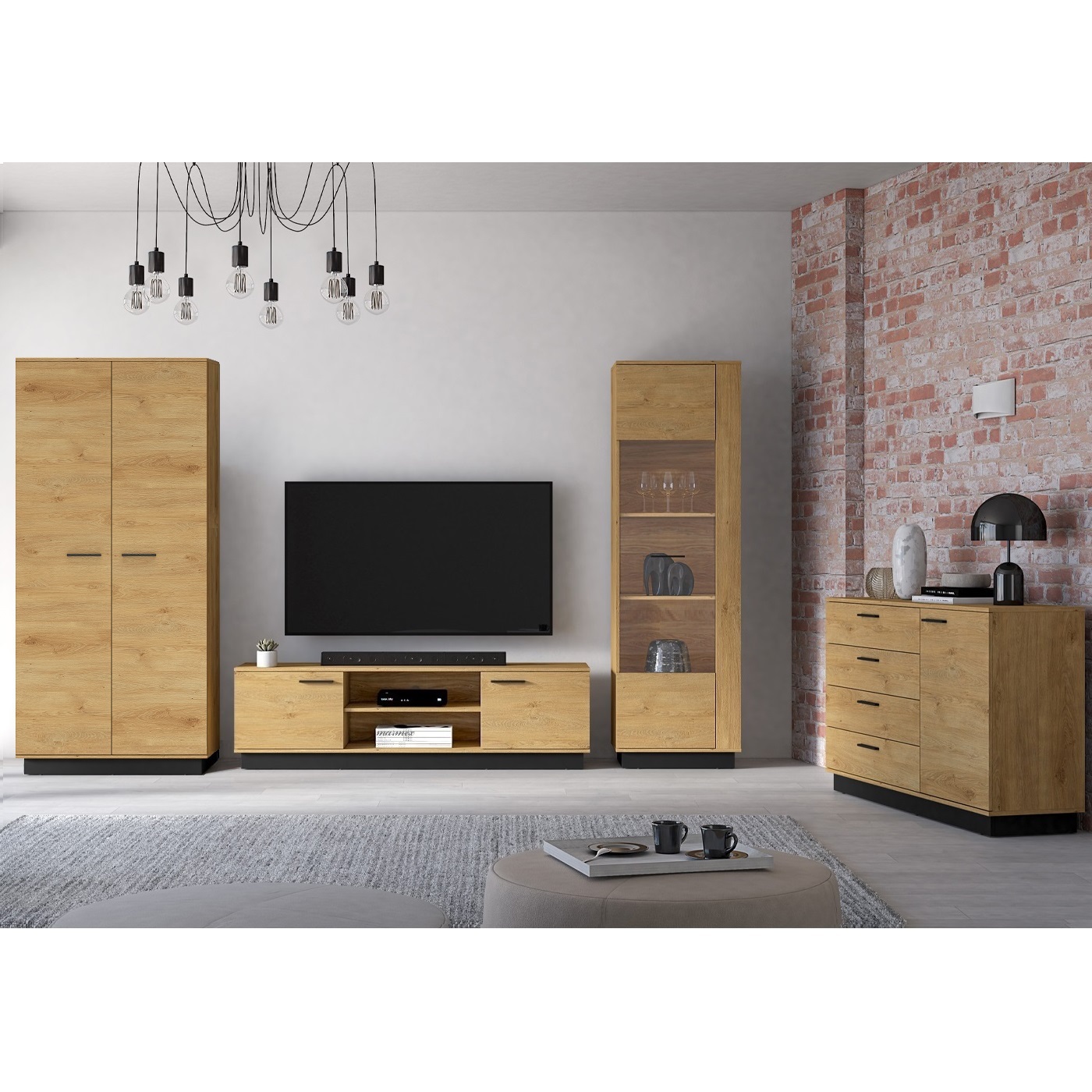 zestaw loft Modesto 8 komoda witryna rtv szafa dąb czarny do pokoju