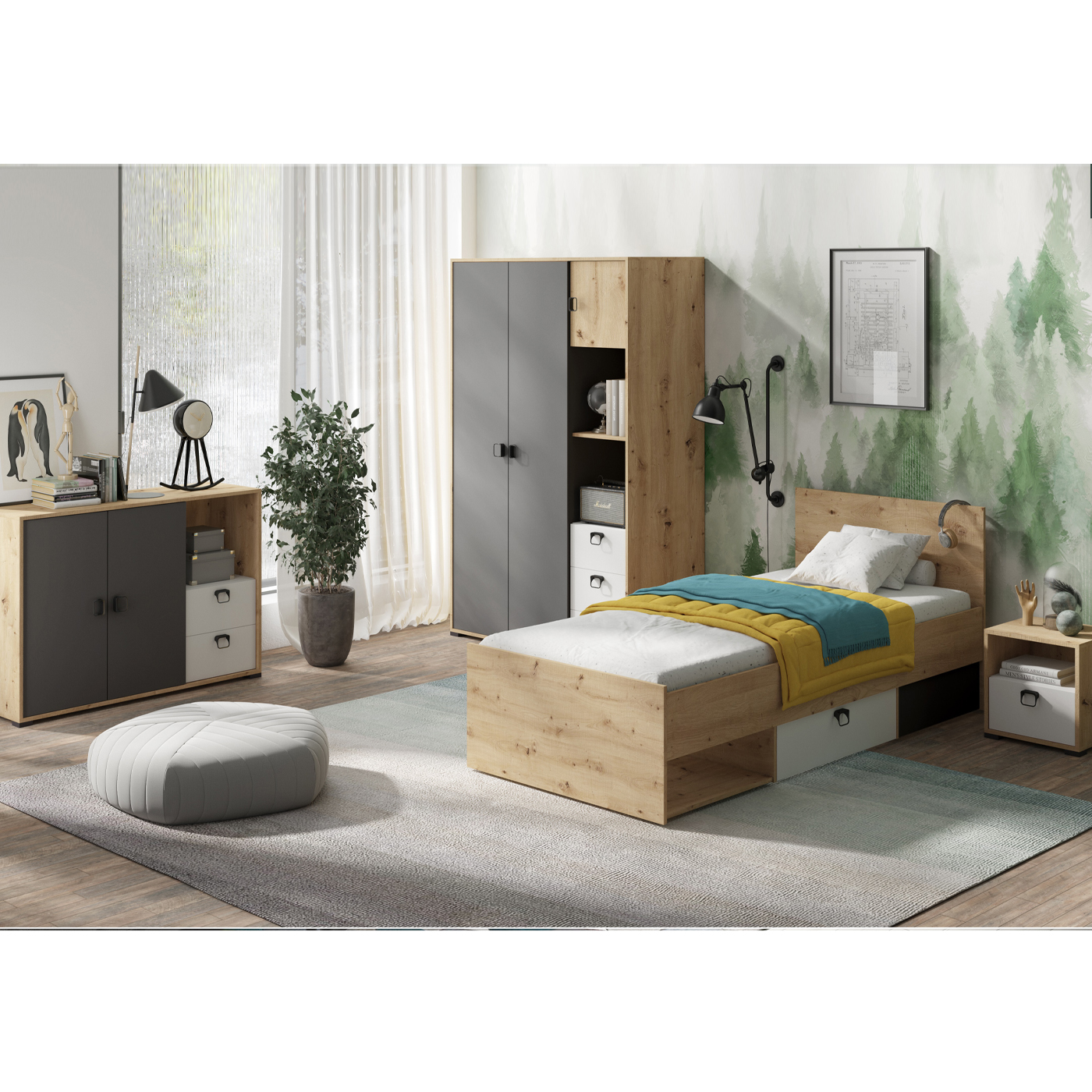 zestaw mebli Kevin 2 łóżko szafka nocna komoda szafa komplet