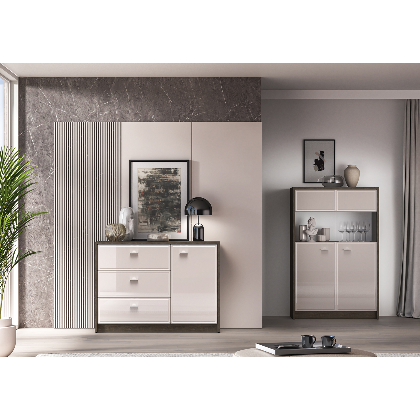 zestaw nowoczesnych mebli Avante 6 komoda witryna w połysku