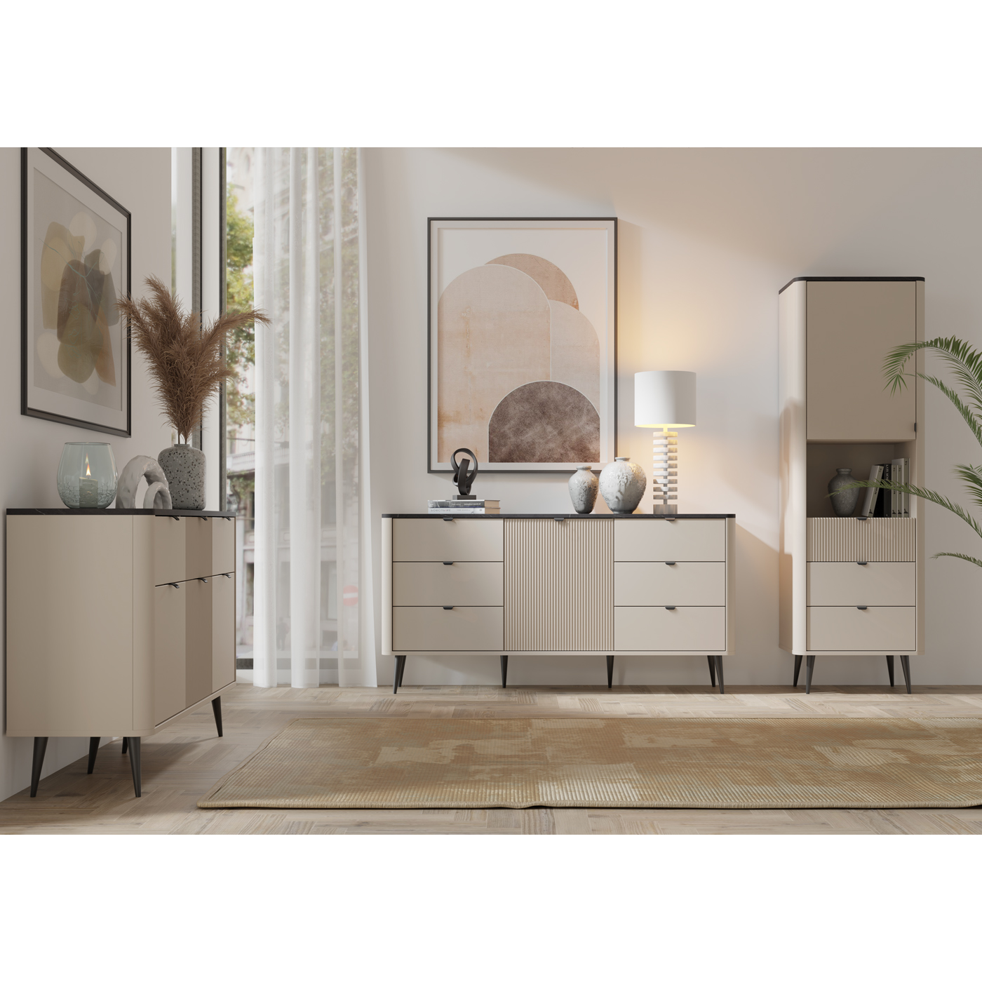 zestaw eleganckich mebli Marly 3 komoda witryna frezowana z nogami