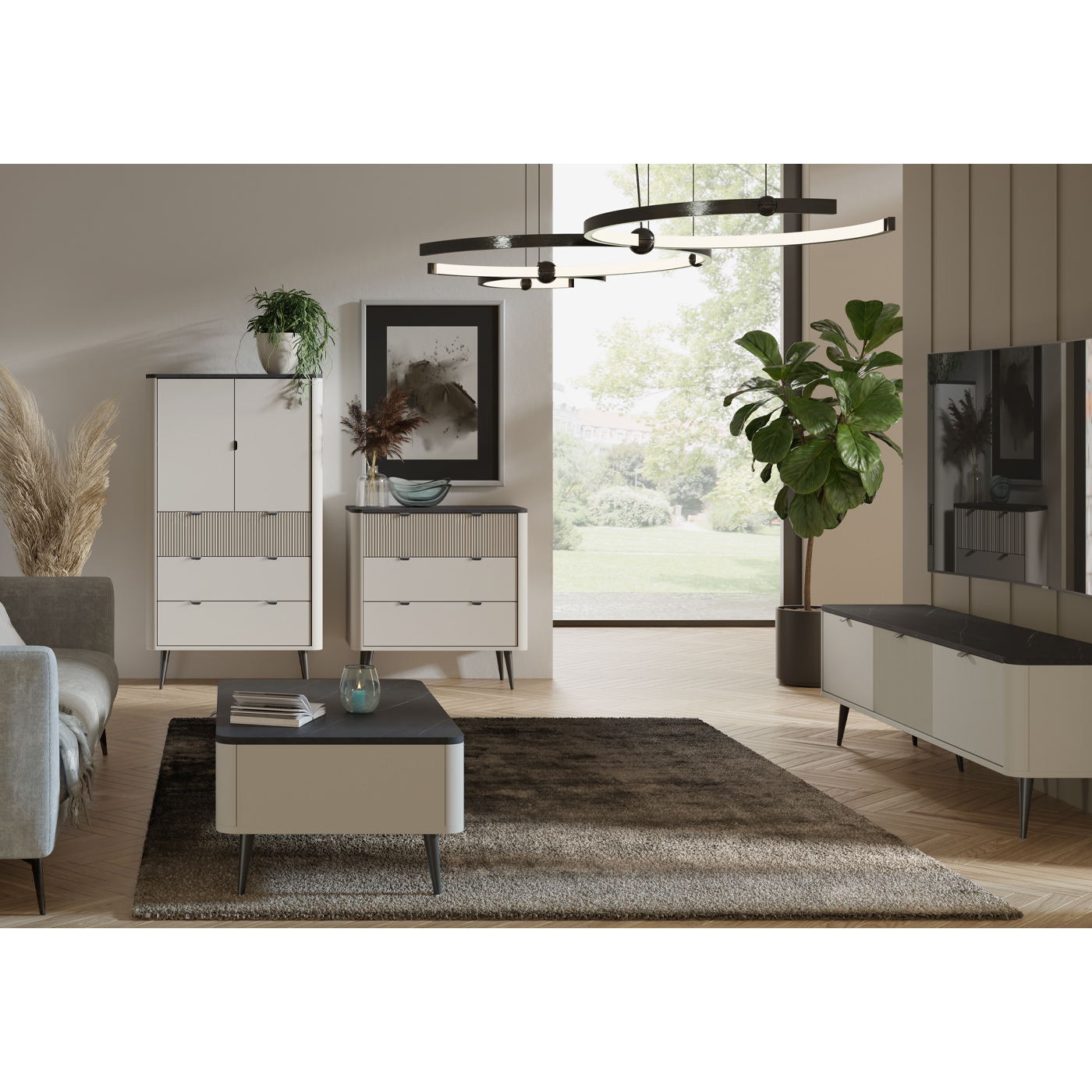 zestaw nowoczesny Marly 5 komoda rtv szafka ława do pokoju salonu