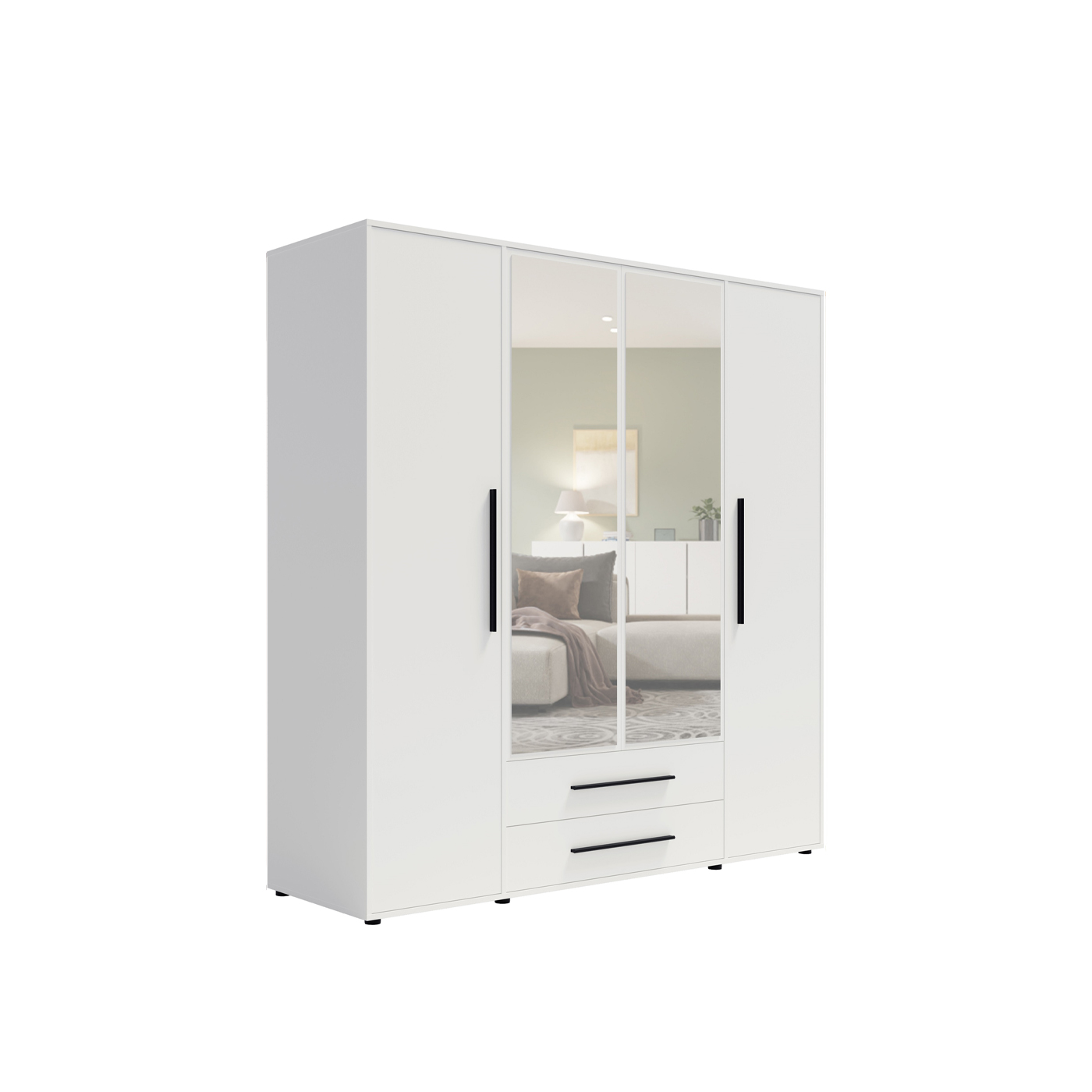 szafa 197, 6 uchylna Maxione 13 z lustrem szuflady półki biała kaszmir