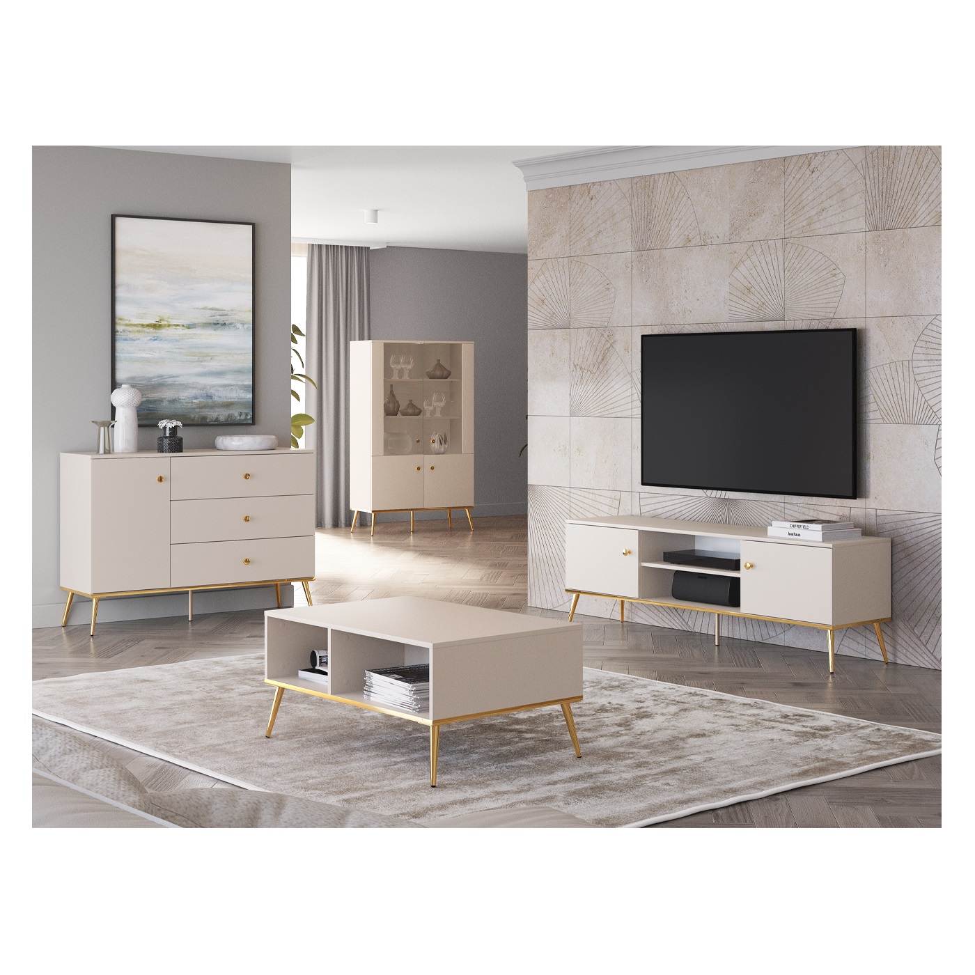 zestaw nowoczesny Selgin 1 witryna komoda rtv ława kaszmir do pokoju