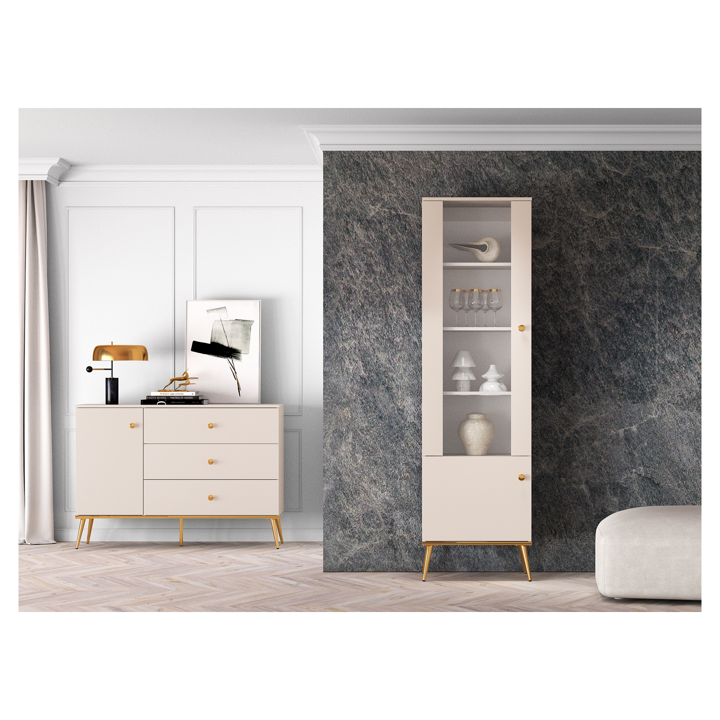 zestaw Selgin 3 witryna komoda na nogach cashmere do pokoju salonu