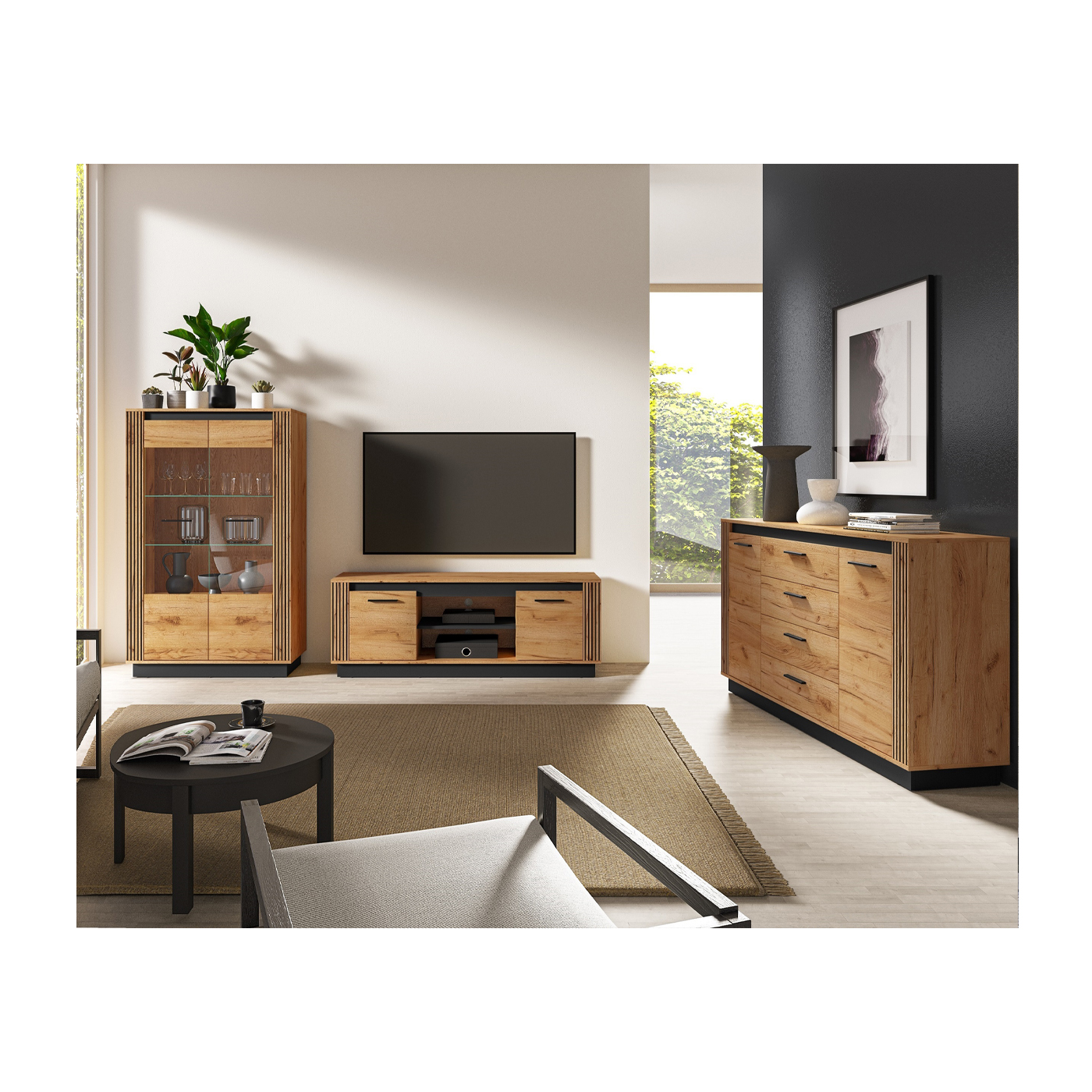 zestaw loft nowoczesn Urso 1 komoda rtv szafka witryna meblościanka