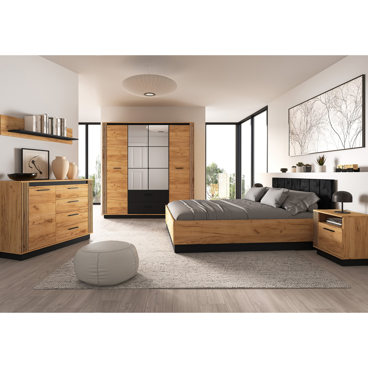zestaw sypialnia duża Urso 8 łóżko szafa z lustrem komoda stolik