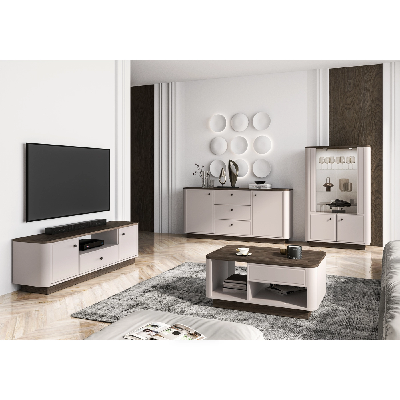 zestaw mebli komplet Vilavio 1 komoda rtv szafka witryna ława kaszmir