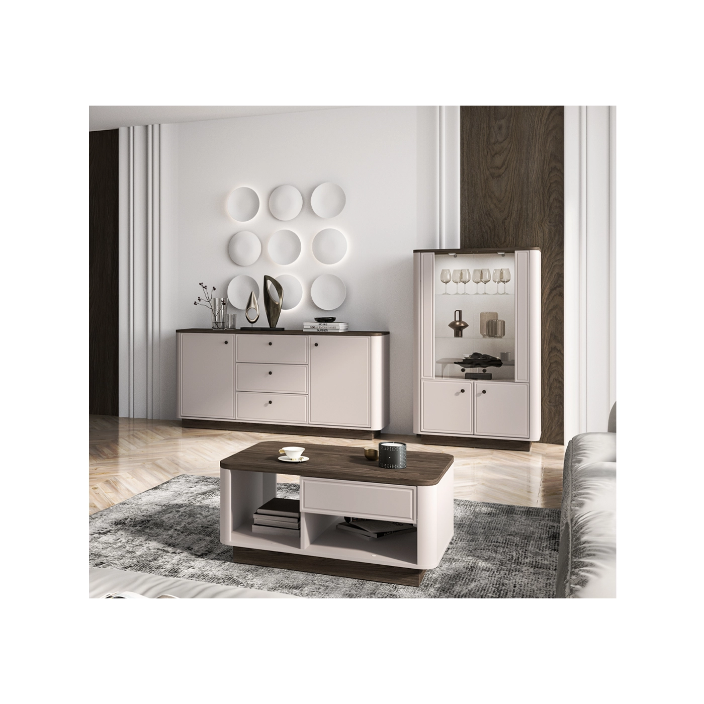 zestaw elegancki Vilavio 2 ława witryna komoda do pokoju salonu