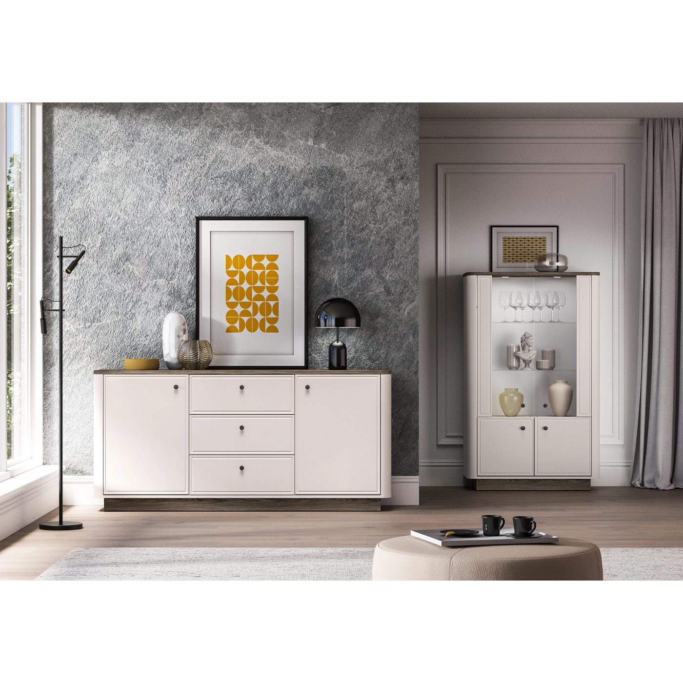 zestaw meble nowoczesne Vilavio 5 komoda witryna do pokoju salonu