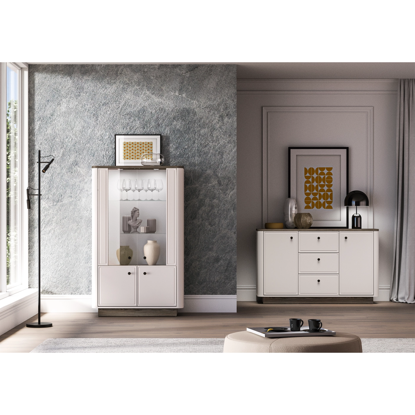 zestaw mebli nowoczesnych Vilavio 8 komoda witryna cashmere + dąb