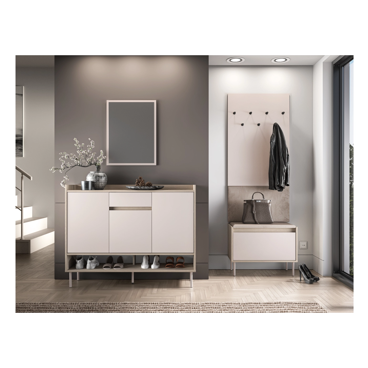 zestaw na nóżkach Voco 2 komoda na buty siedzisko lustro wieszak