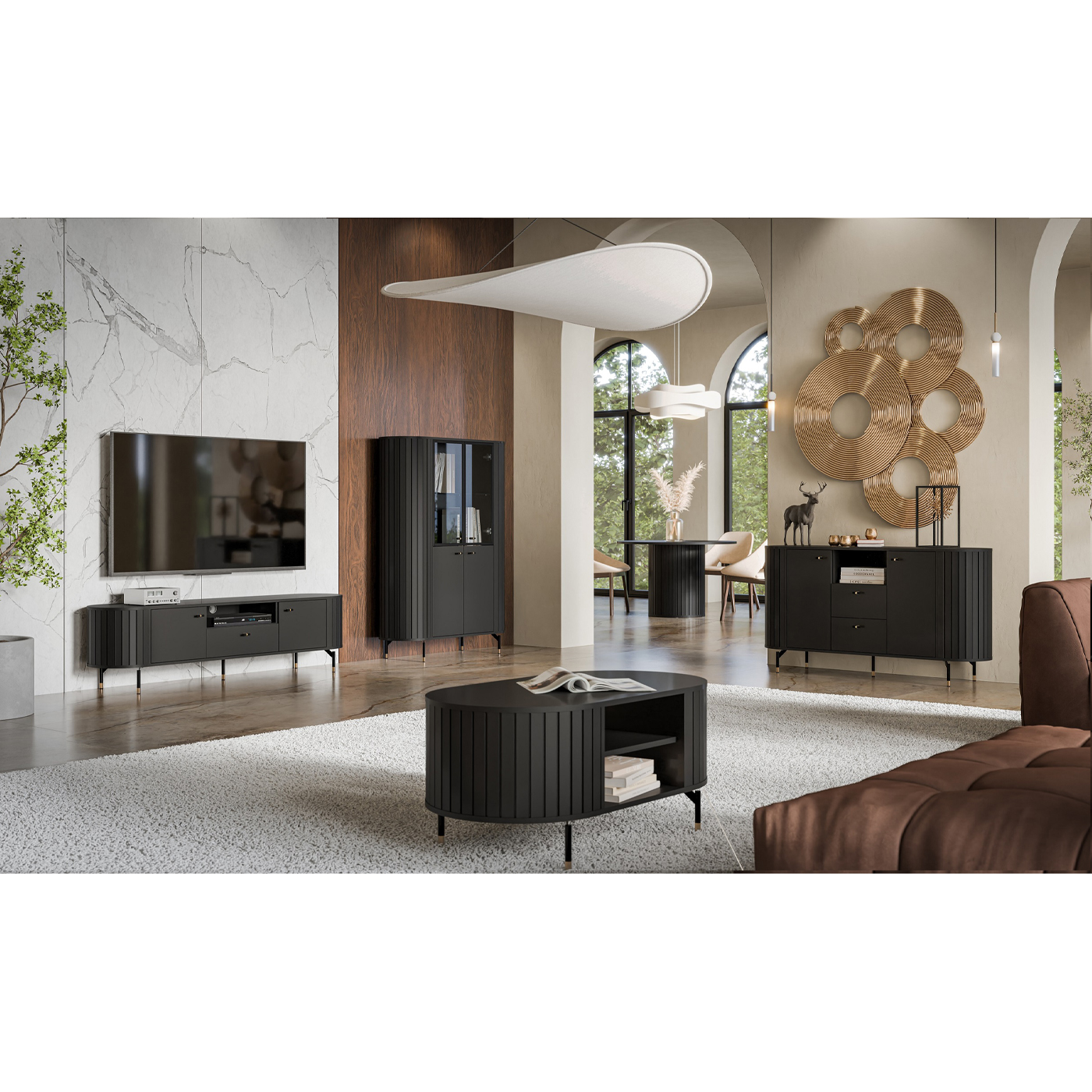 zestaw meble nowoczesne zaokrąglone Zante 1 komoda witryna ława stół