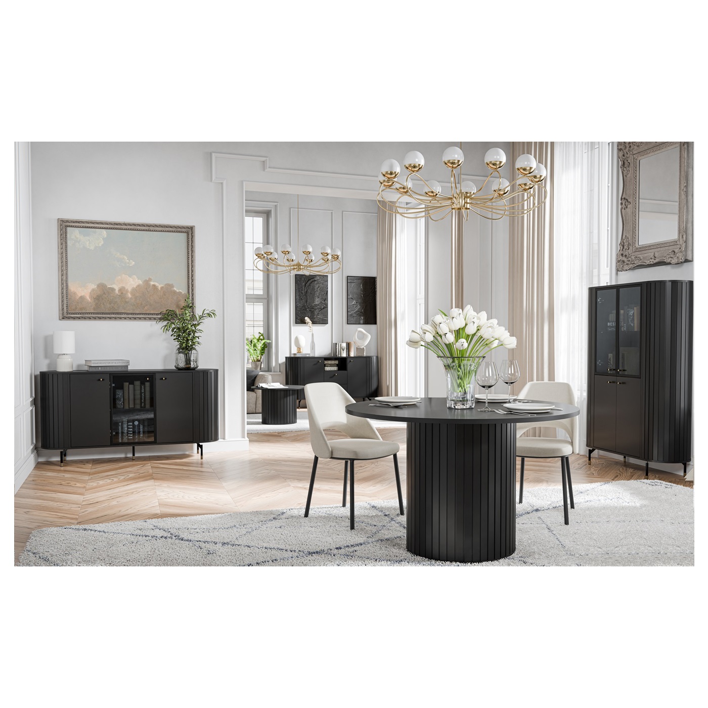 zestaw Zante 2 komoda witryna stolik na nodze stół okrągły czarny