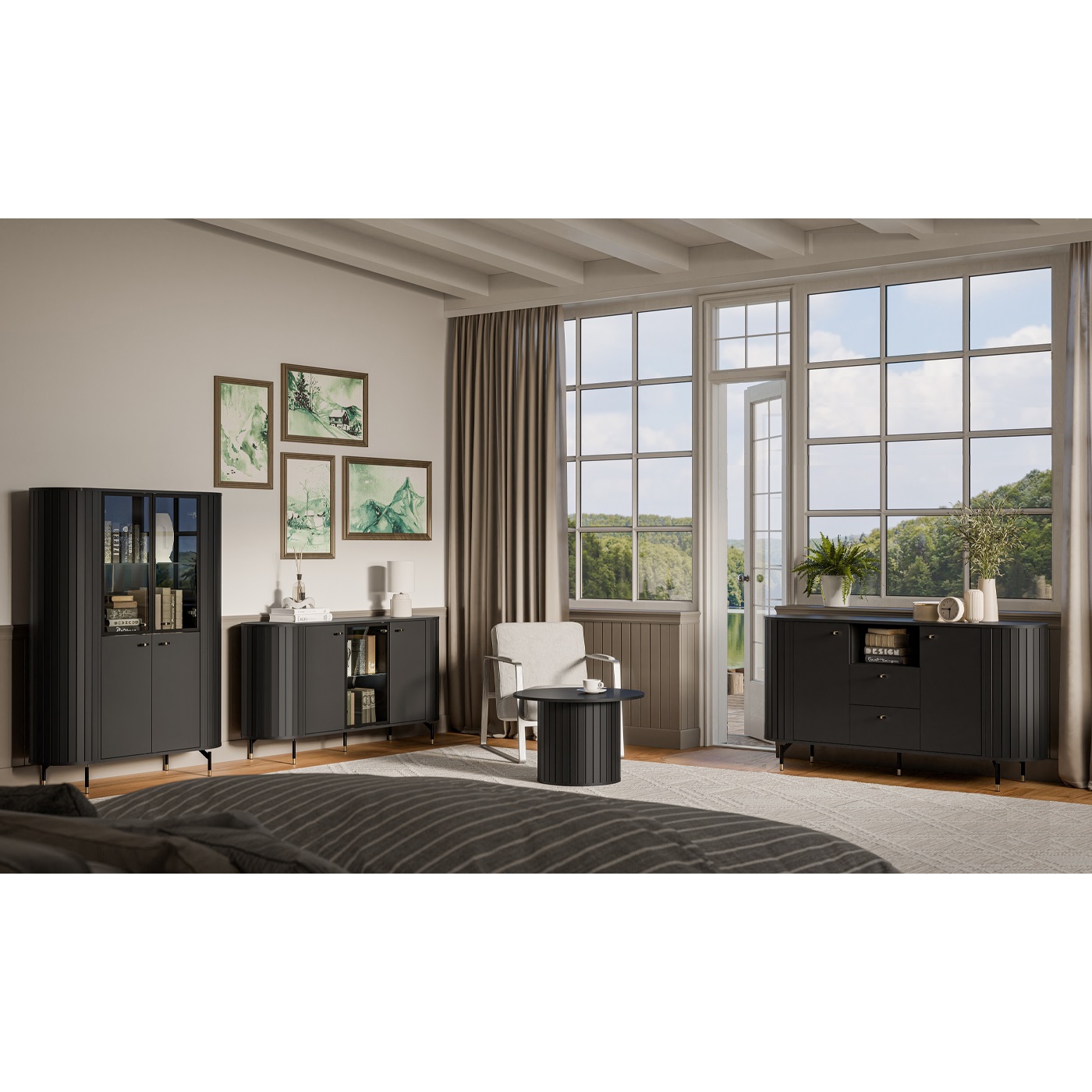 zestaw Zante 3 witryna komoda okrągły stolik nowoczesny czarny