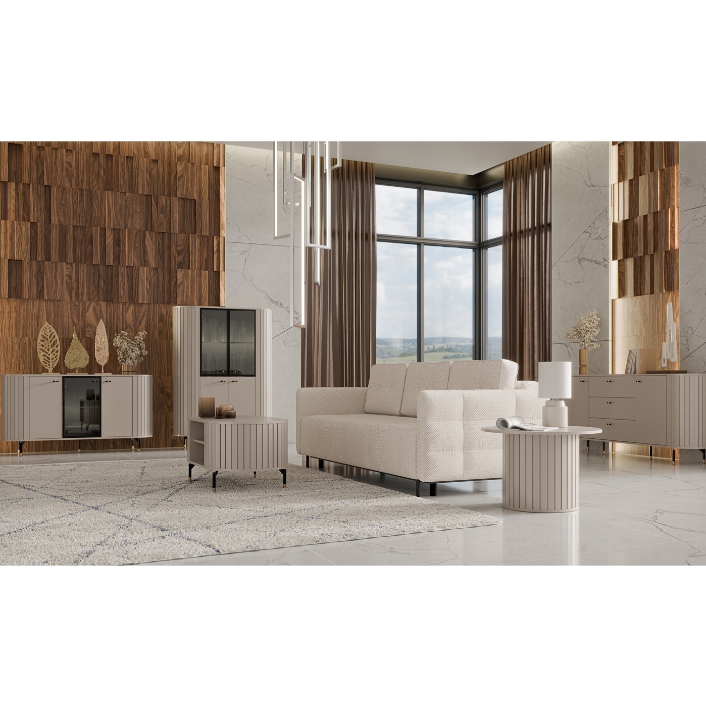 zestaw Zante 5 komoda witryna ława zaokrąglana kaszmir do salonu