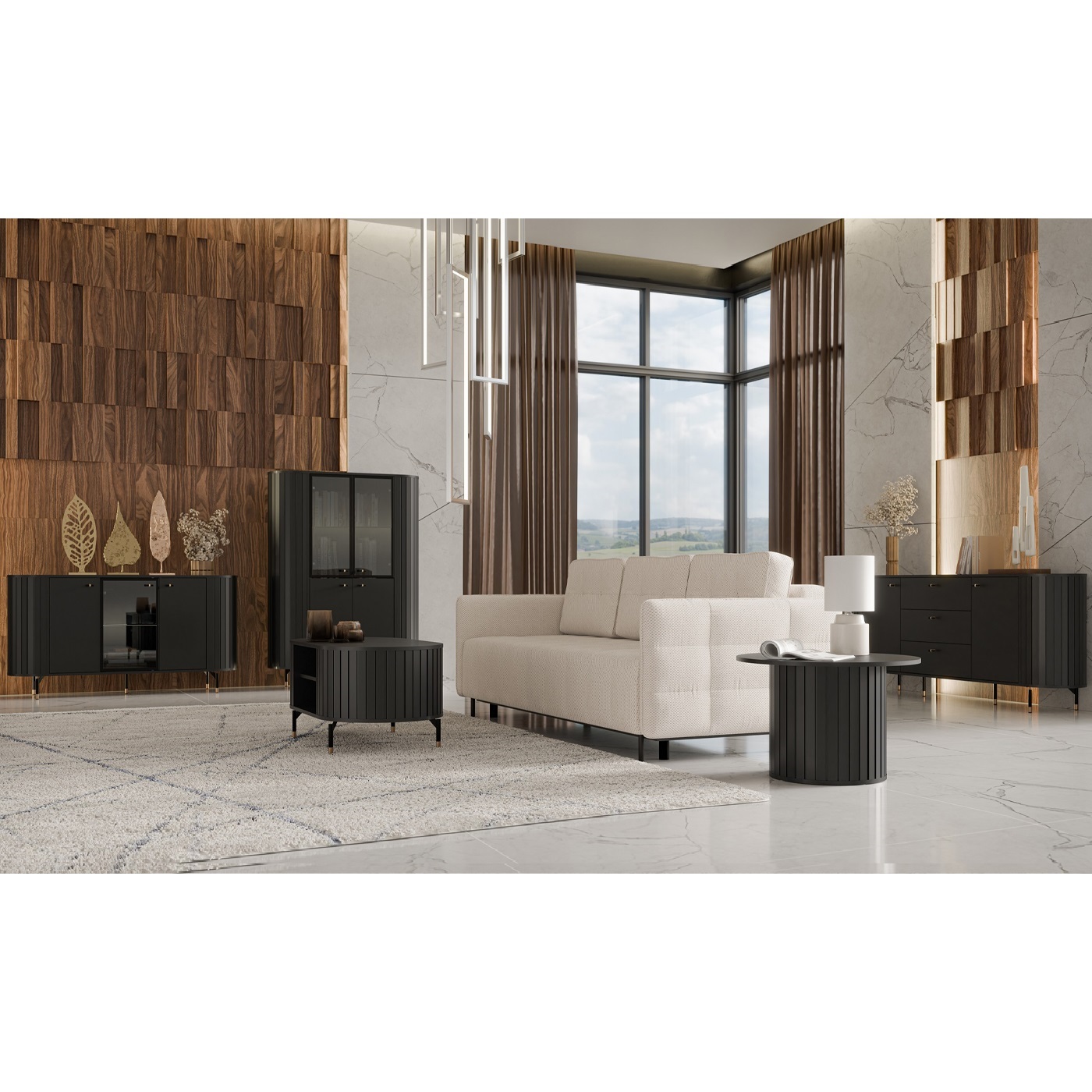 zestaw na nóżkach Zante 5 komplet z ławą okrągła czarny do salonu