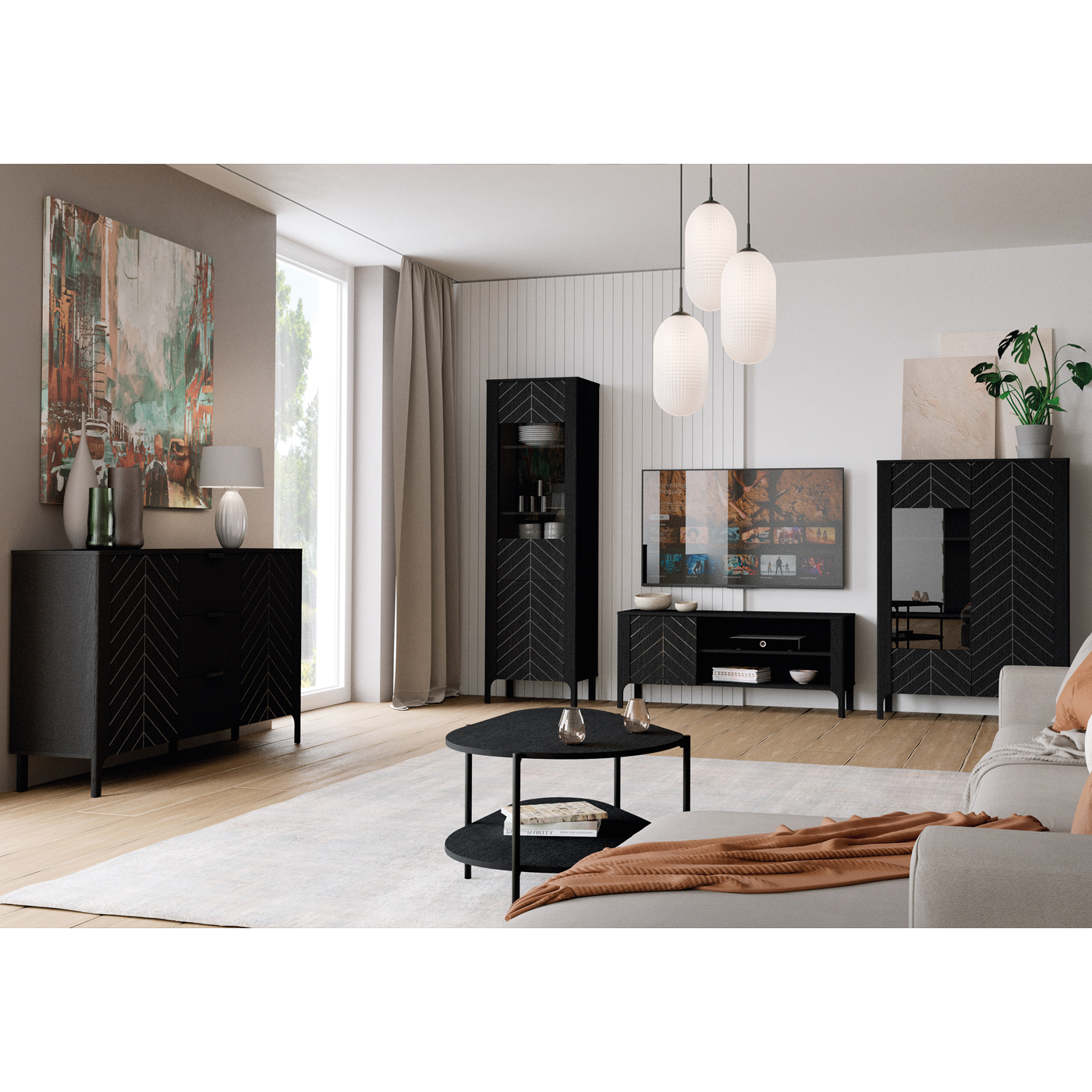 zestaw na nóżkach Malumi 2 komoda rtv szafka witryna ława do salonu