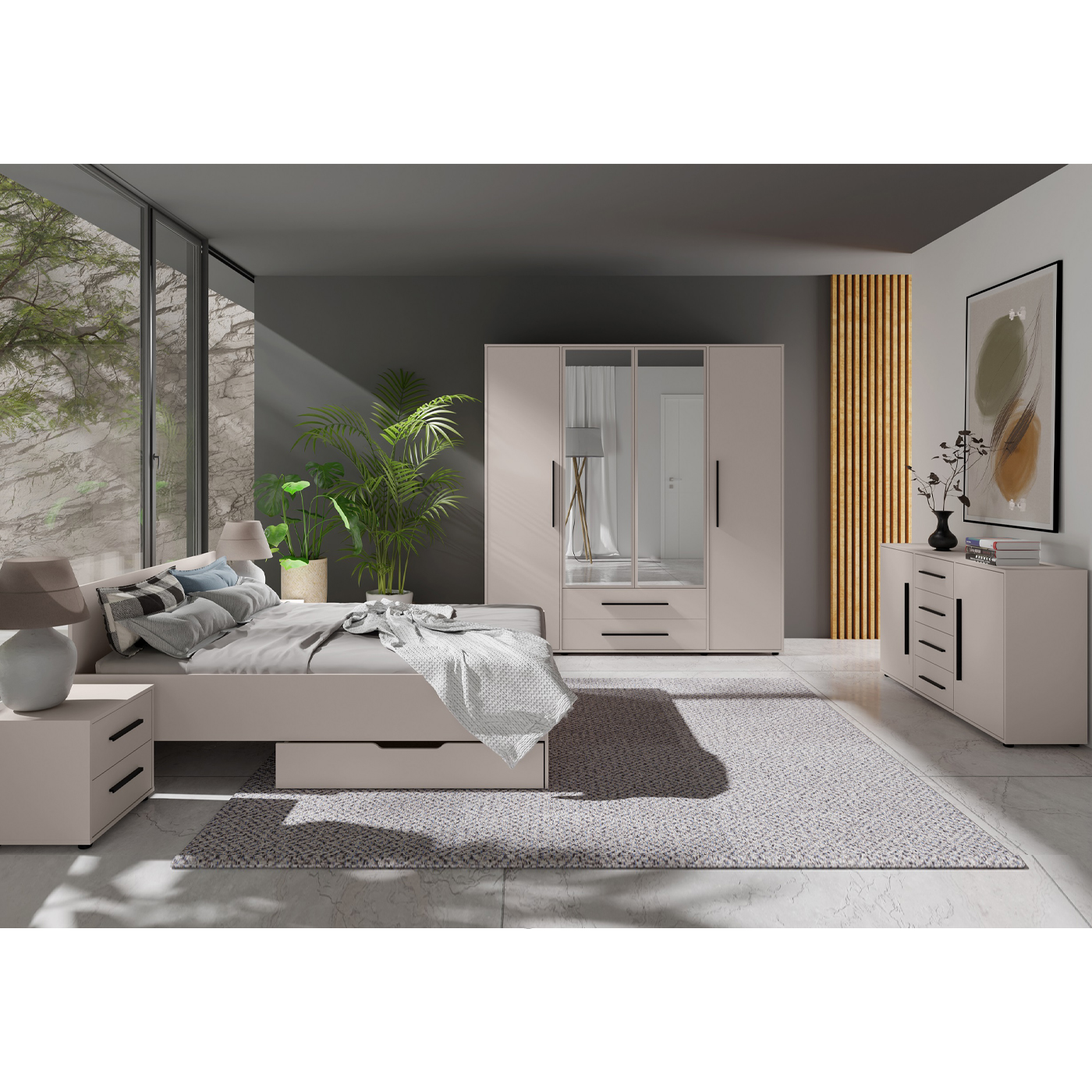zestaw nowoczesna sypialnia Maxione 2 łóżko komoda szafa biała