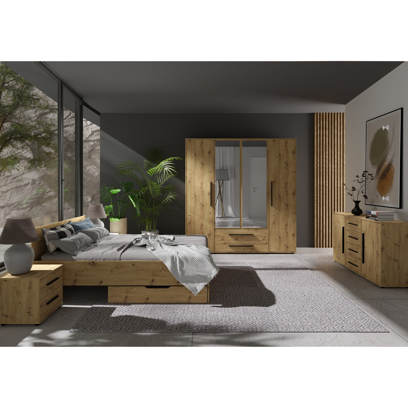 zestaw duży Maxione 2 łóżko komoda szafa czarna artisan do sypialni