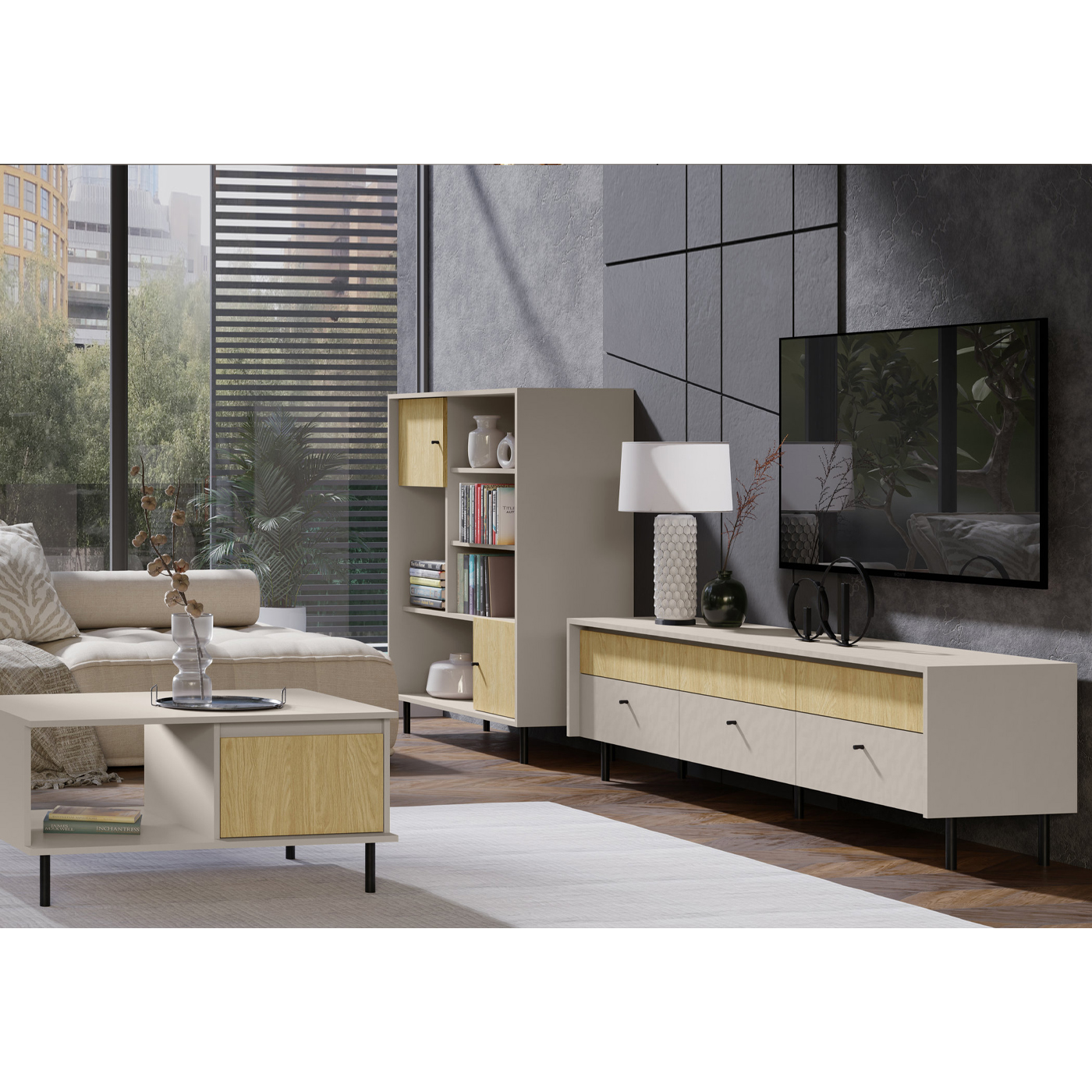 zestaw pokojowy Malta 3 ława rtv szafka regał nowoczesny komplet