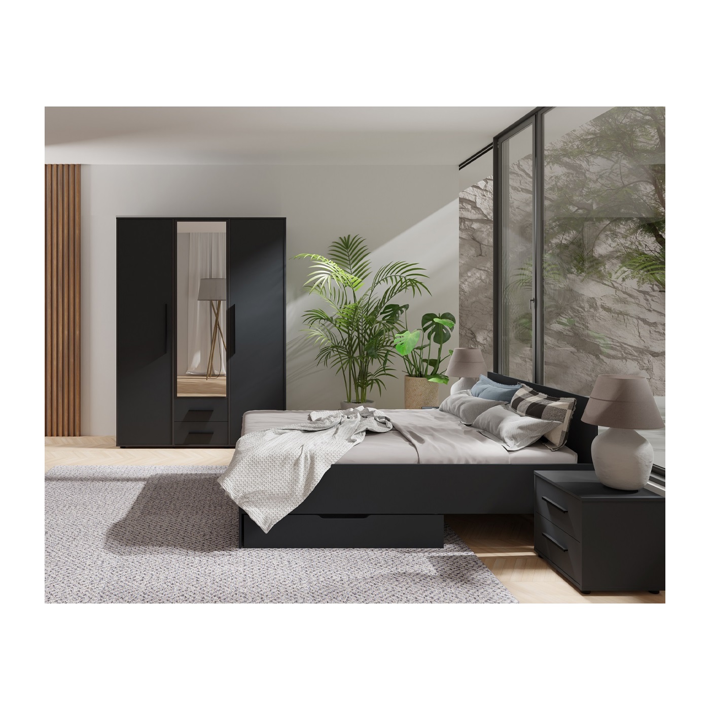 zestaw Maxione A komplet łóżko szafa stolik czarna artisan sypialnia