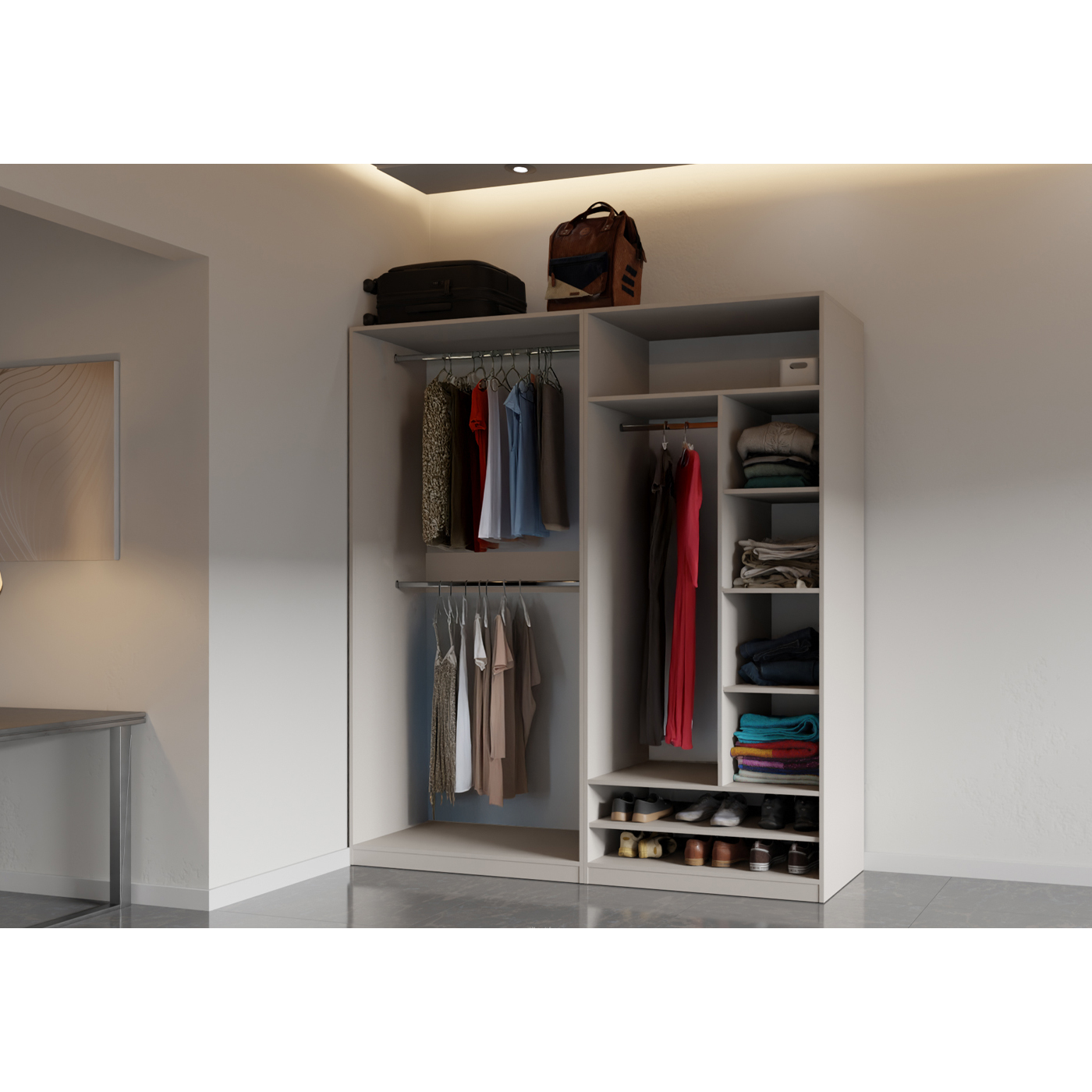 szafa 190 bez drzwi półki drążki Tres A duża szeroka garderoba zestaw