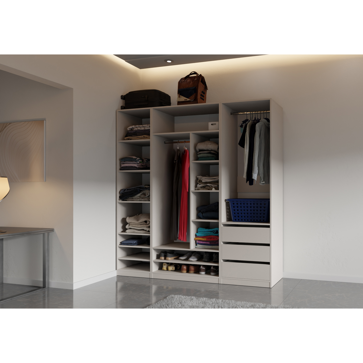 szafa 200 bez drzwi z szufladami półkami Tres E duża garderoba zestaw