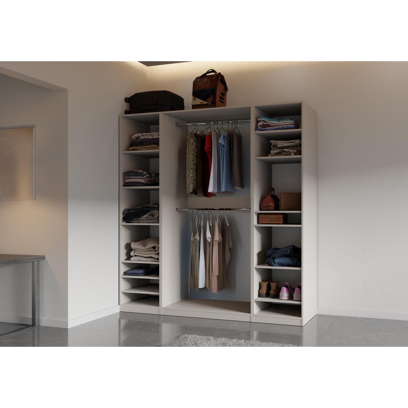 szafa 200 bez drzwi Tres G garderoba wnękowa duża wysoka półki drążki