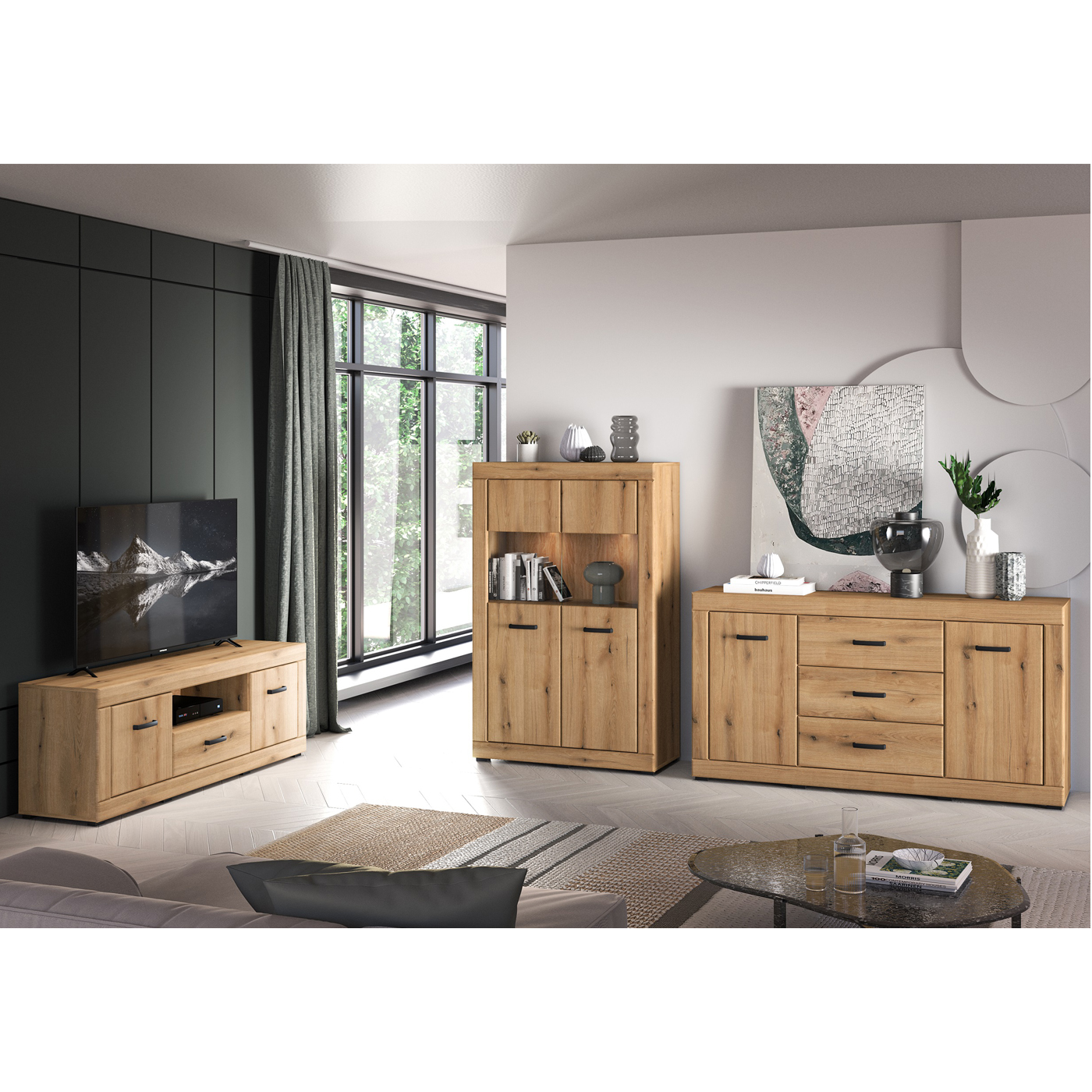 zestaw mebli eleganckich Dora 1 komoda rtv szafka witryna do salonu