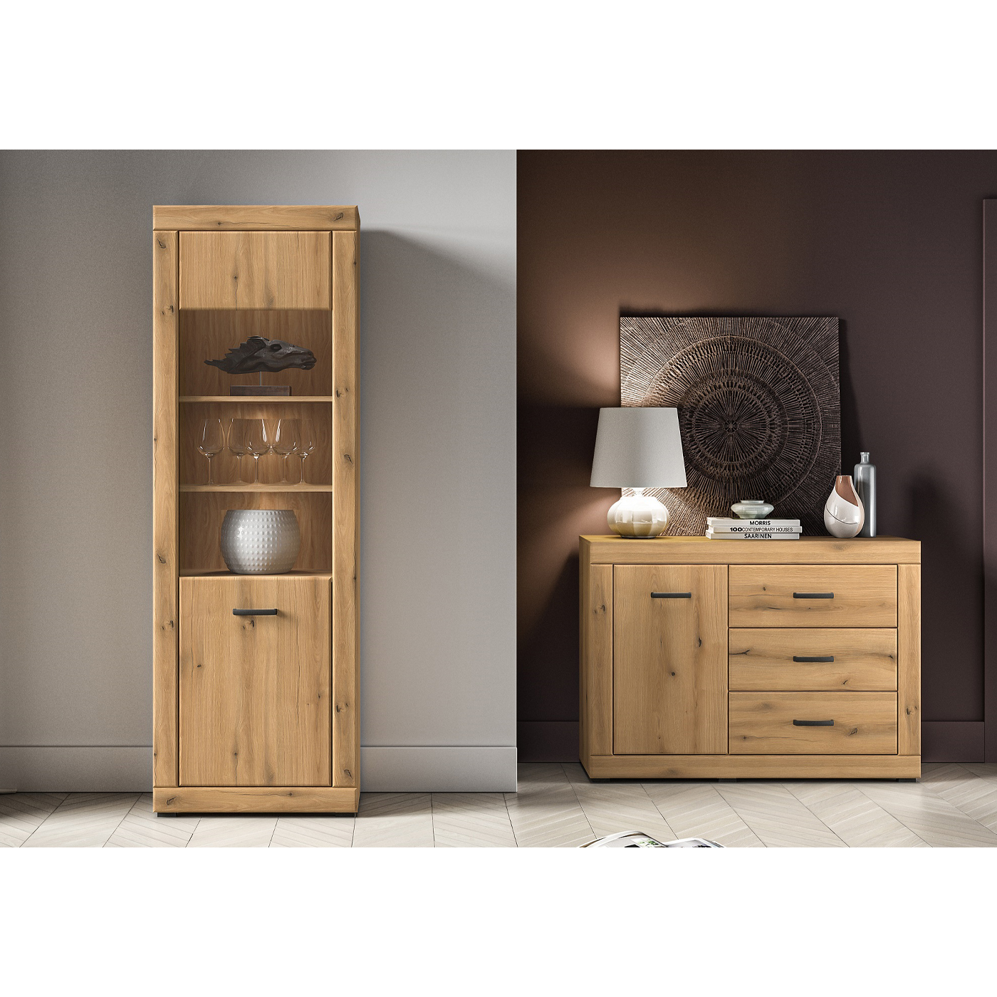 zestaw mały Dora 2 komoda rtv szafka witryna do salonu