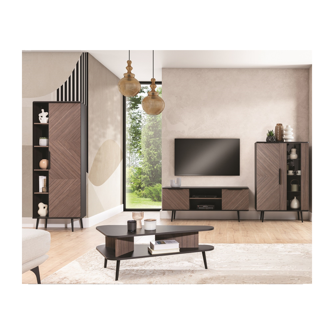 zestaw meblościanka Pinelli B witryna szafka rtv regał ława na nogach