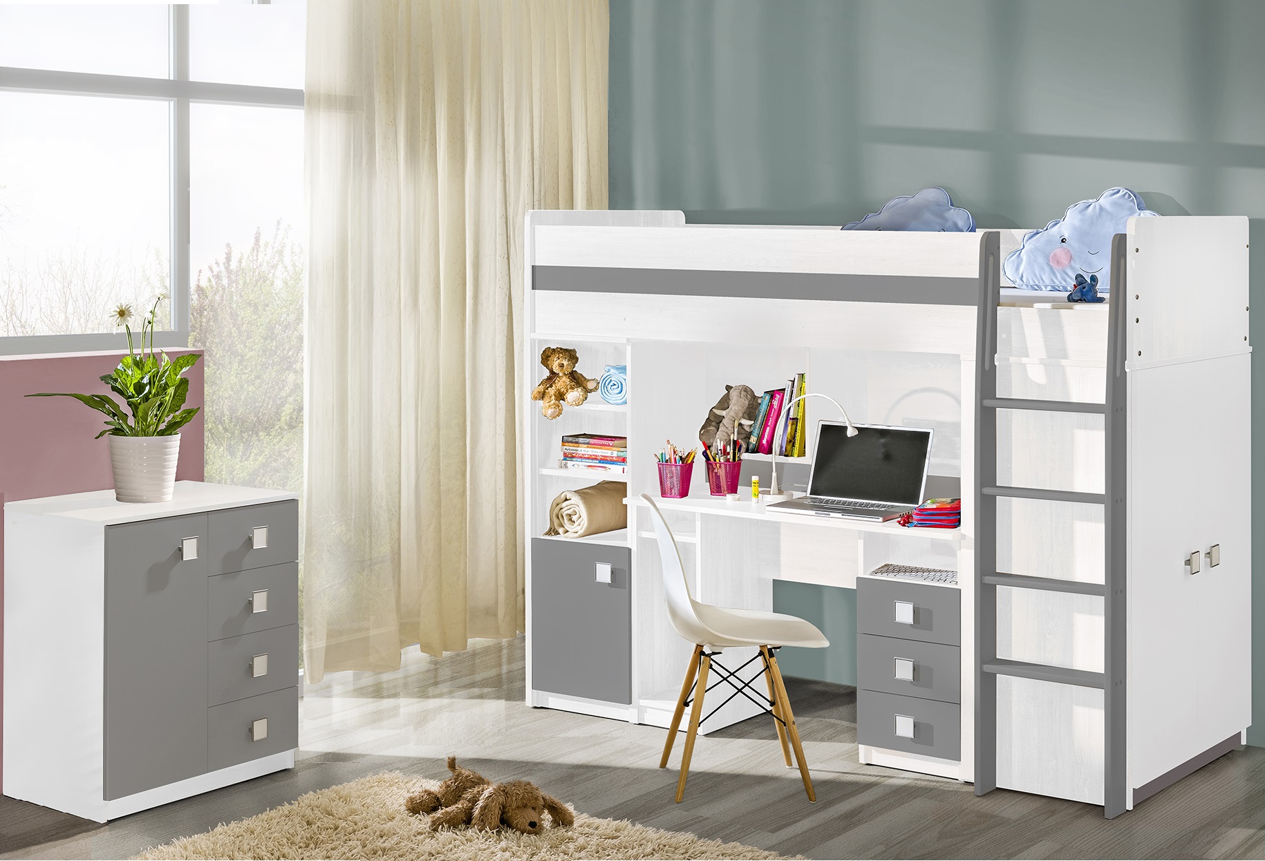 Łóżko z biurkiem Uno z komodą biel