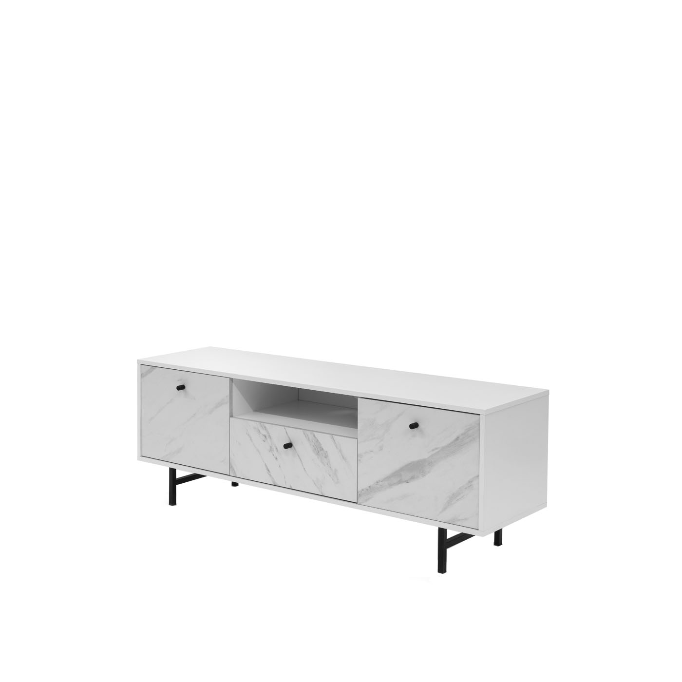 szafka 150 rtv na nóżkach Veroli 03 szeroka duża biały czarny marmur stolik pod telewizor do pokoju salonu