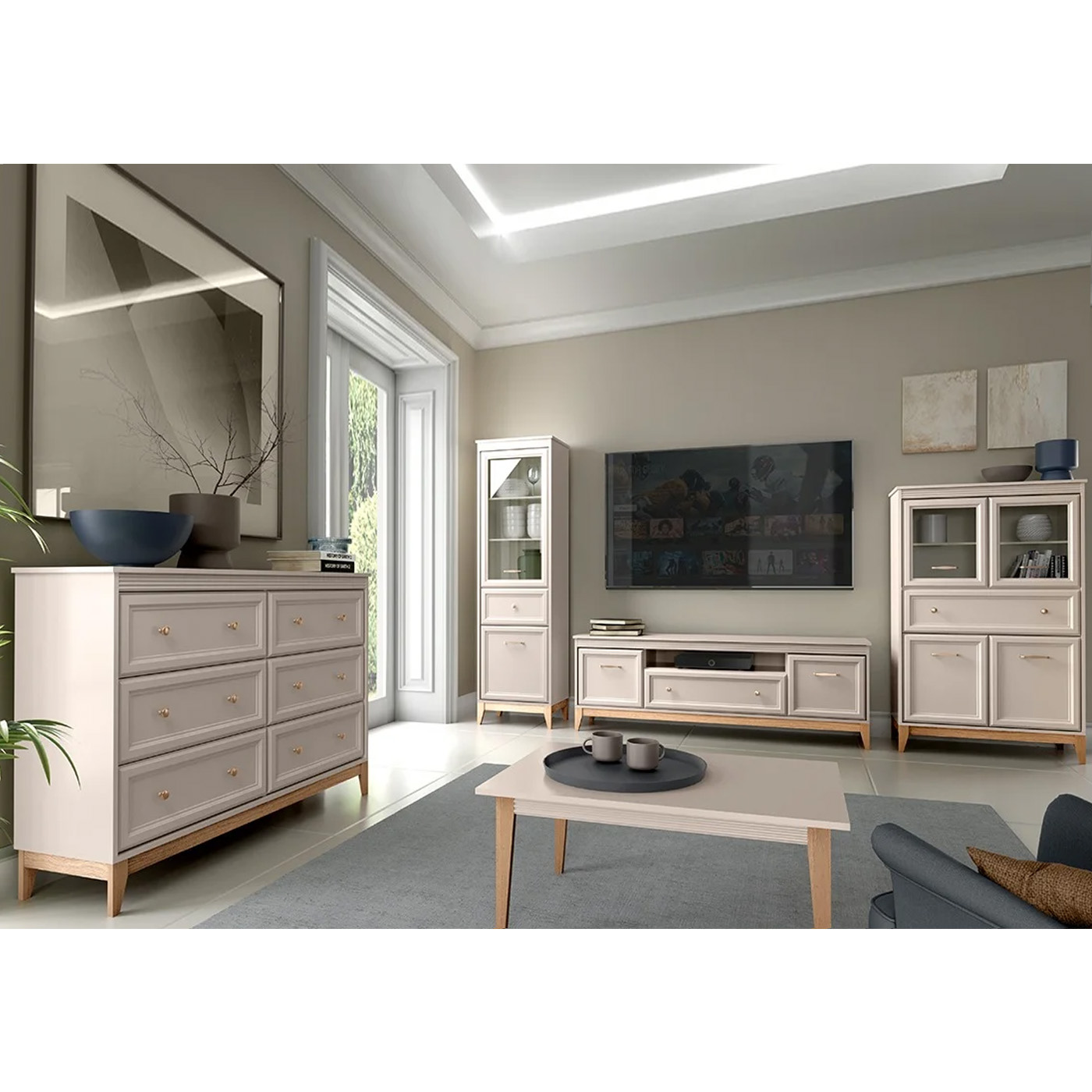 zestaw elegancki pokojowy Windsor 1 komoda rtv witryna ława do salonu