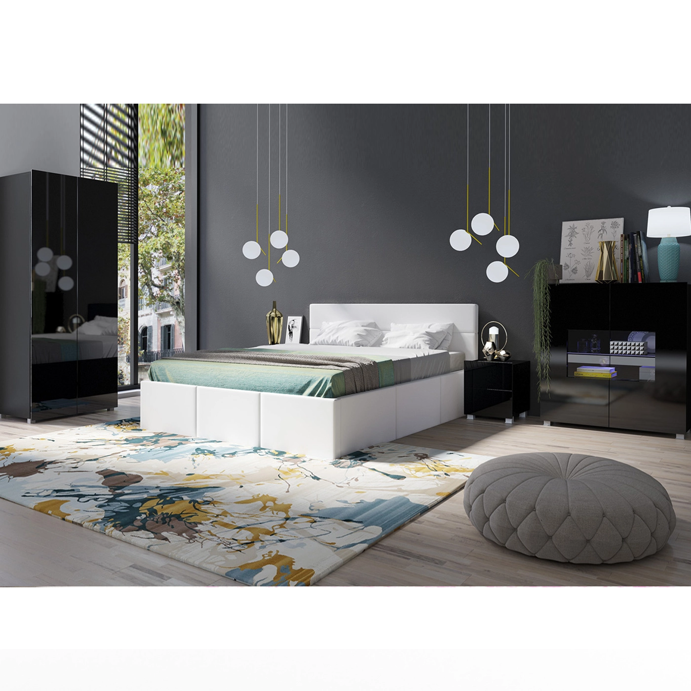 zestaw nowoczesny Calabrini 20 łóżko tapicerowane komoda szafa