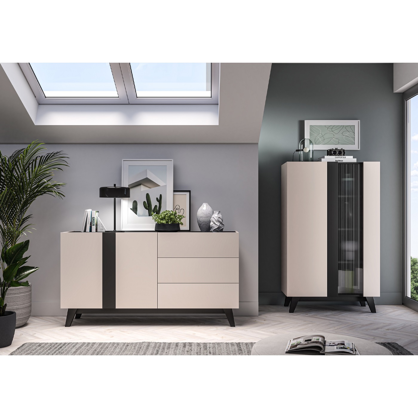 zestaw mebli na nogach Freshion C komoda przeszklona szafka