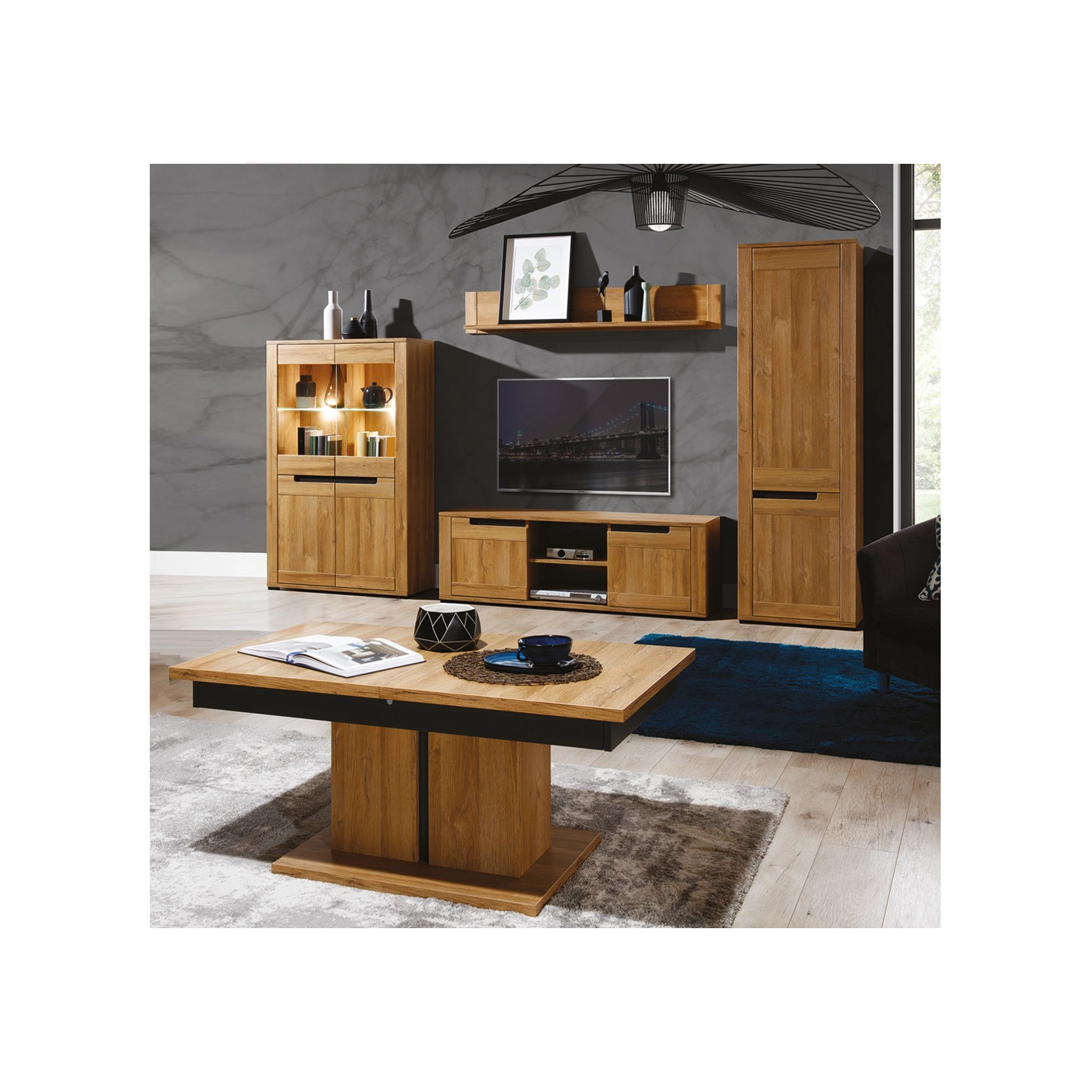 zestaw meblościanka York 1a ława witryna szafka rtv szafa z półkami