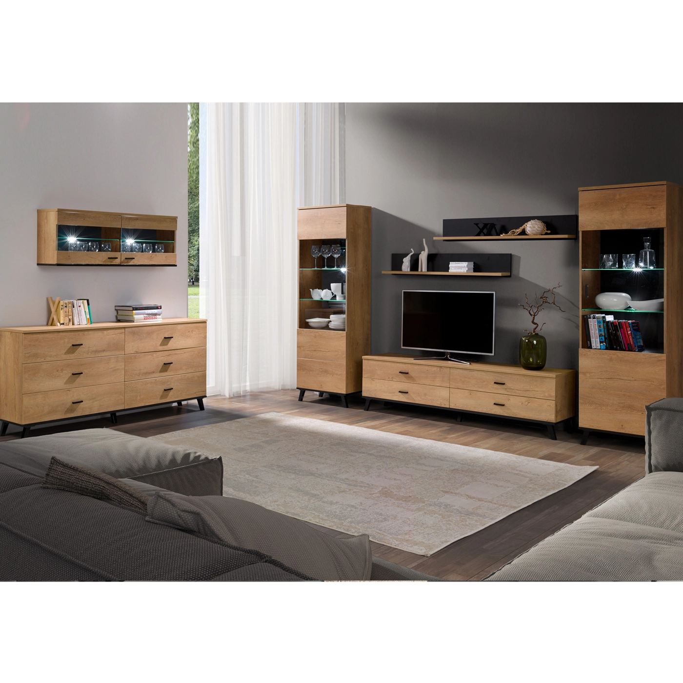 zestaw mebli loft John 1 komplet komoda witryna szafka rtv półka