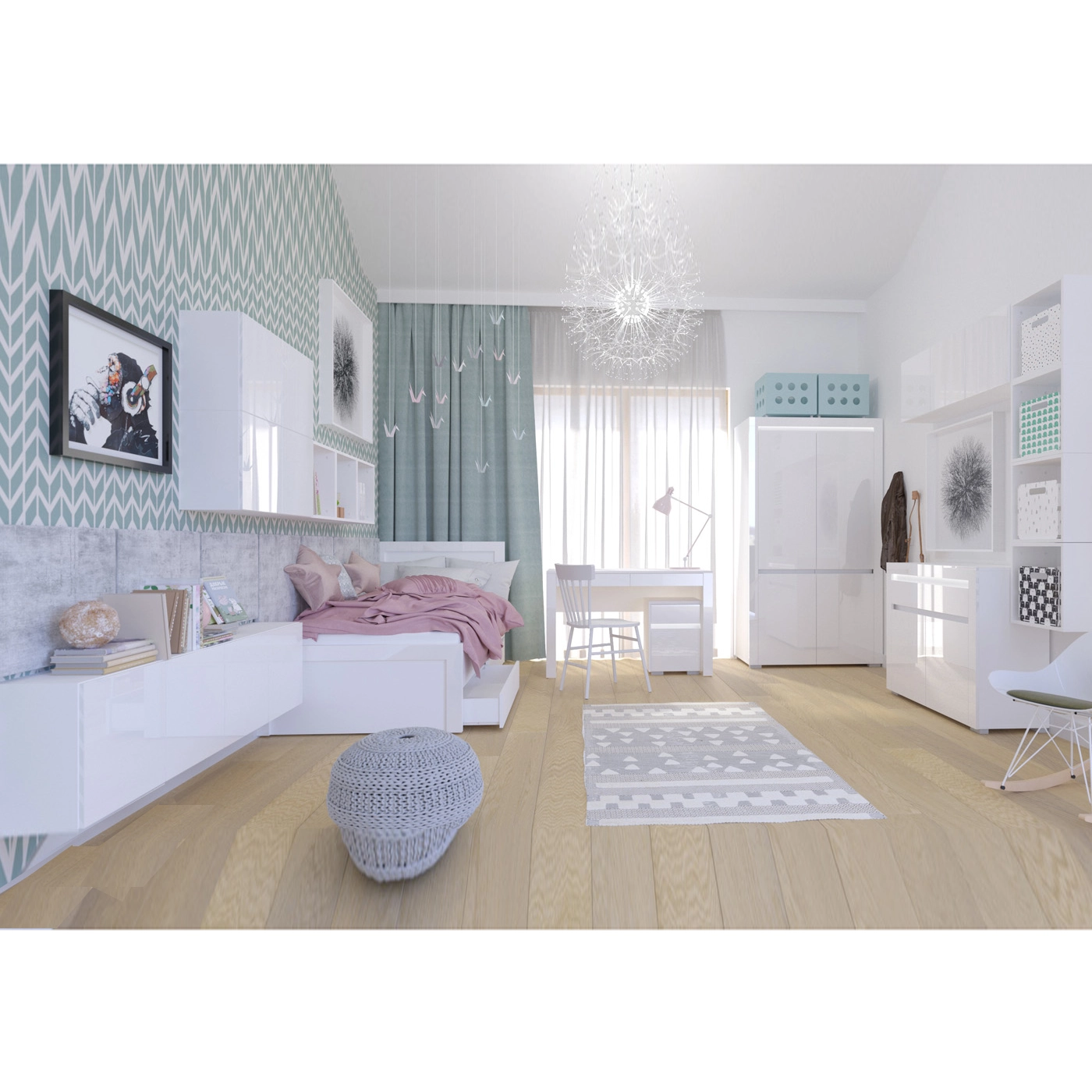 zestaw mebli młodzieżowych Alaska 2 biurko łóżko szafa biała połysk