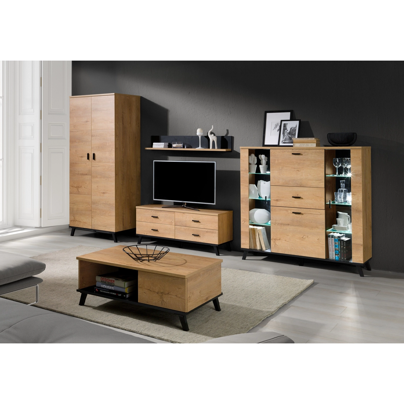 zestaw John 2 meblościanka z ławą szafa rtv komoda komplet