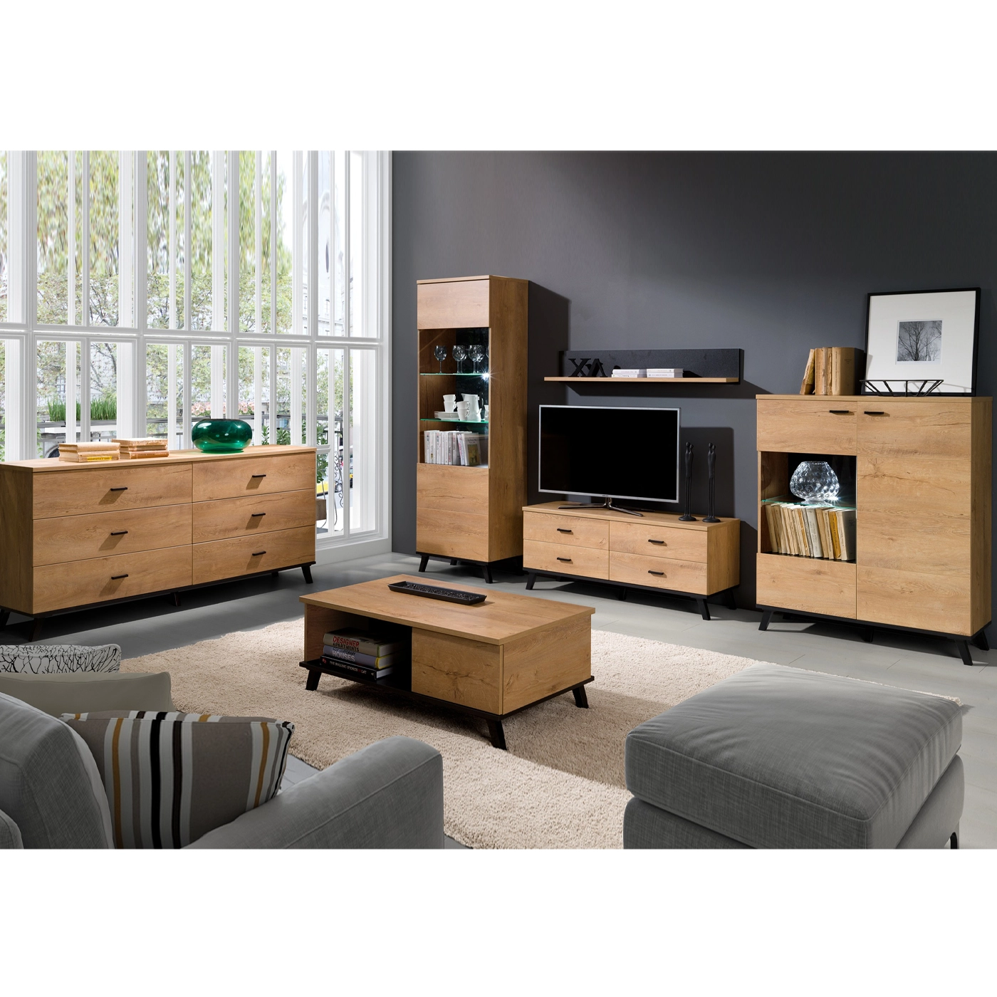 zestaw nowoczesny na nóżkach John 3 komoda witryna szafka rtv ława