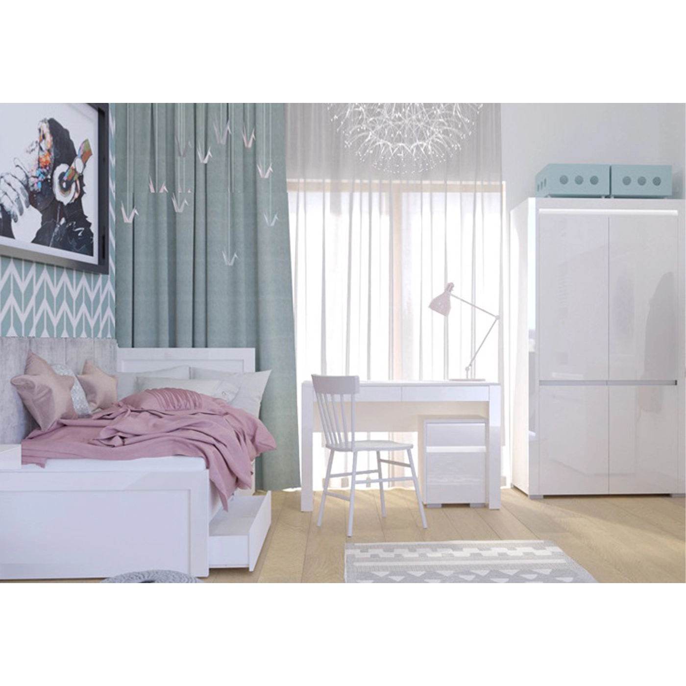 zestaw młodzieżowy dzieci ucznia Alaska 5 biurko łóżko szafa biała