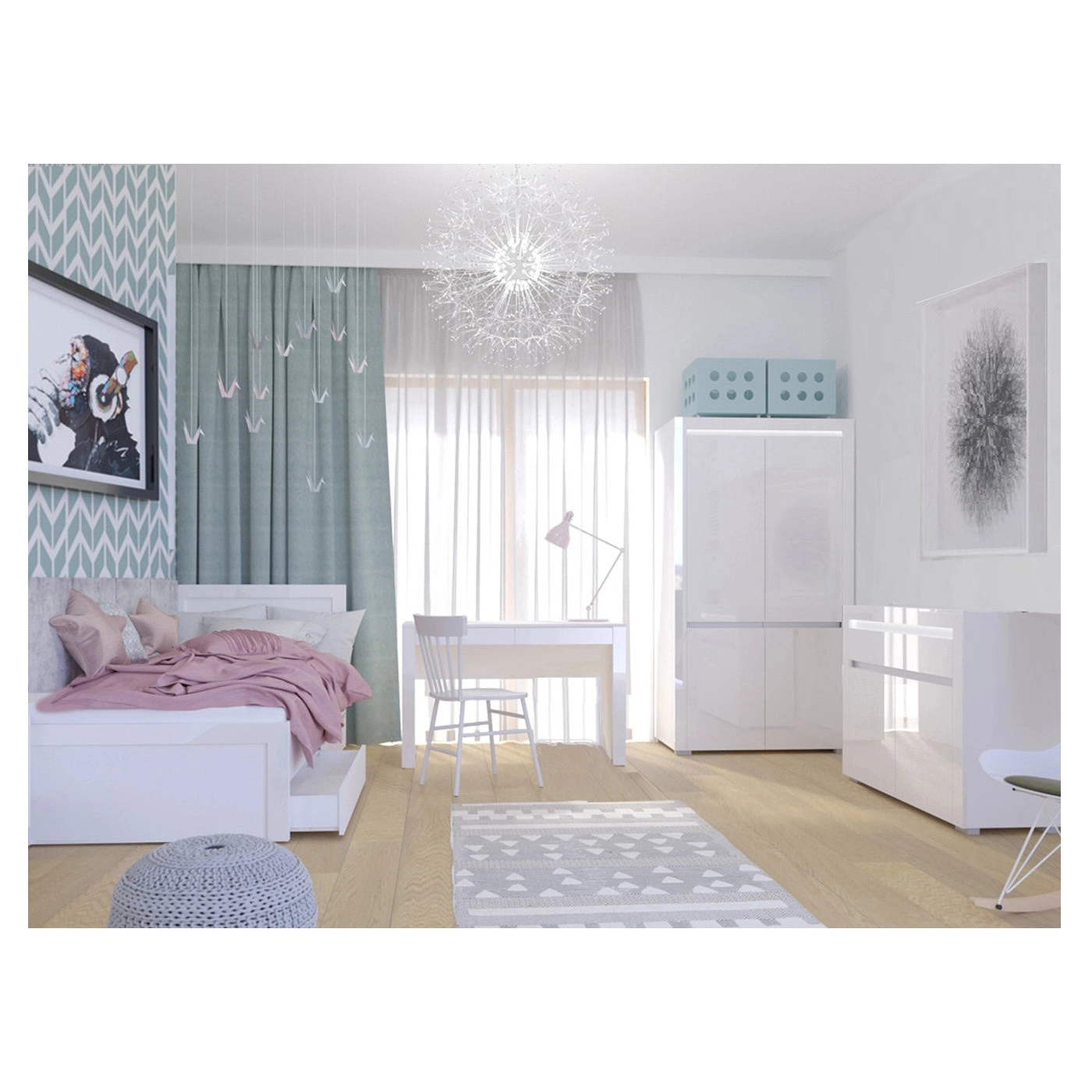 zestaw nowoczesny Alaska 9 biurko komoda łóżko szafa biała do pokoju