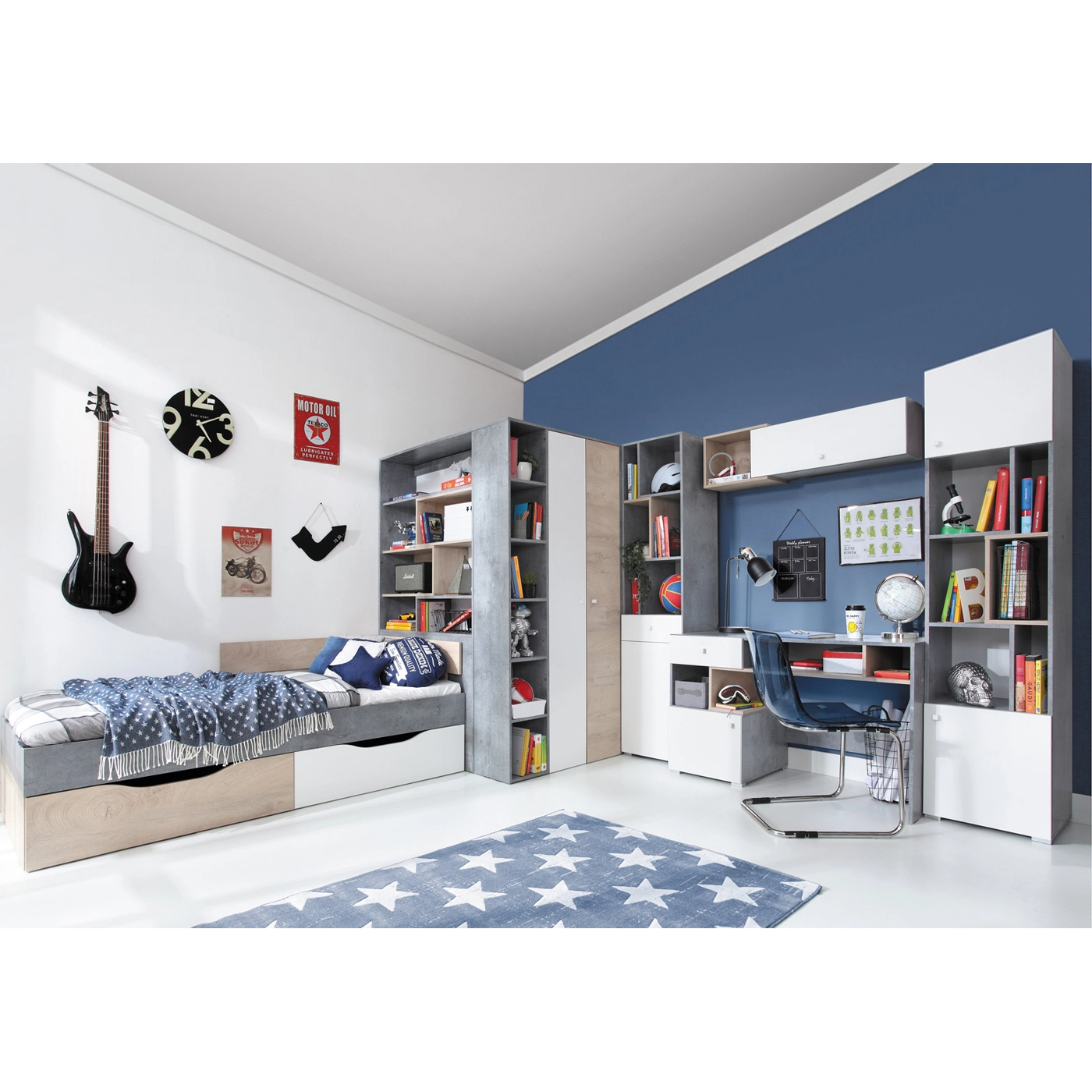 zestaw nowoczesny Sigma A młodzieżowe biurko narożna szafa łóżko