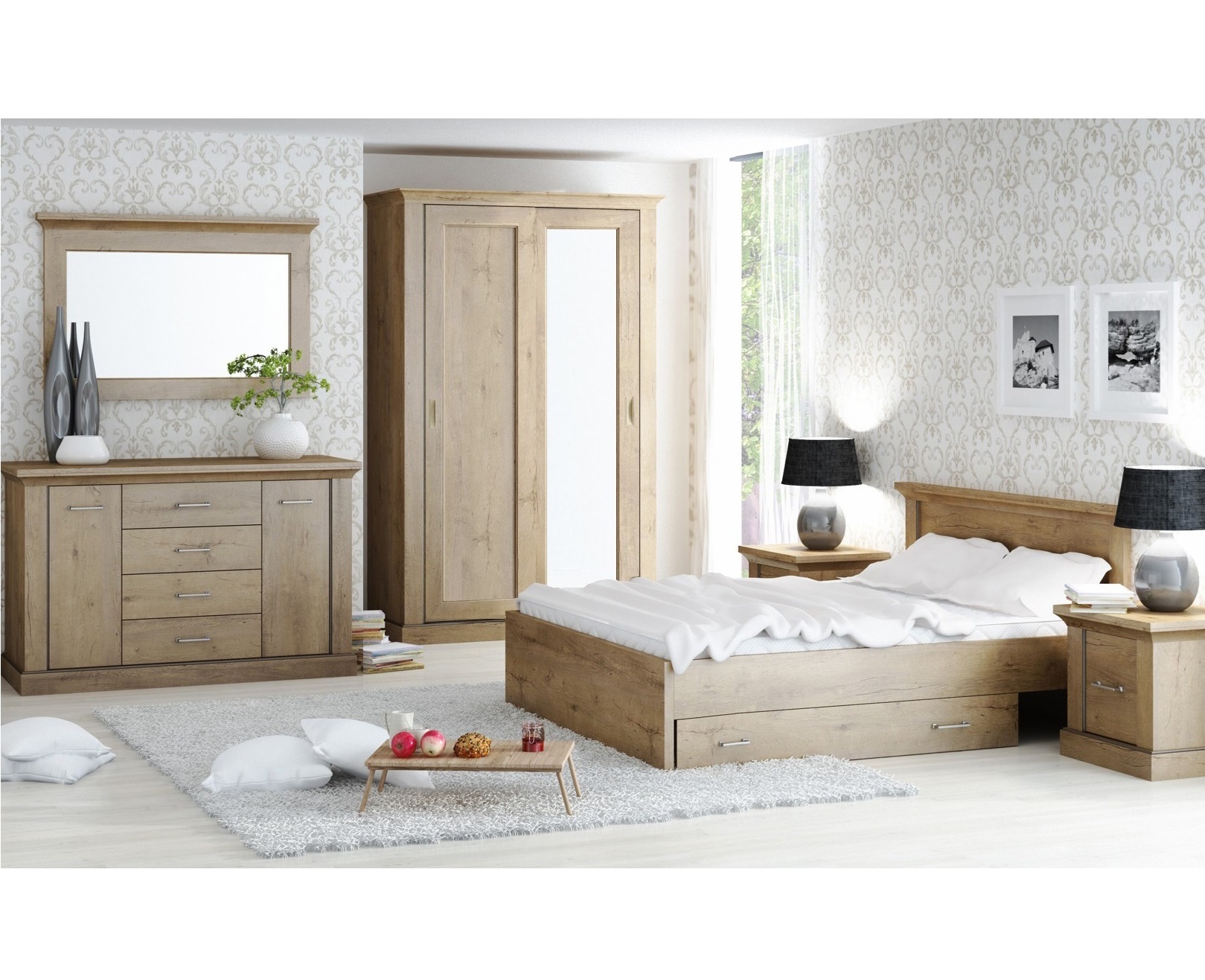 zestaw sypialniany Antica 1 łóżko komoda szafa z lustrem komplet