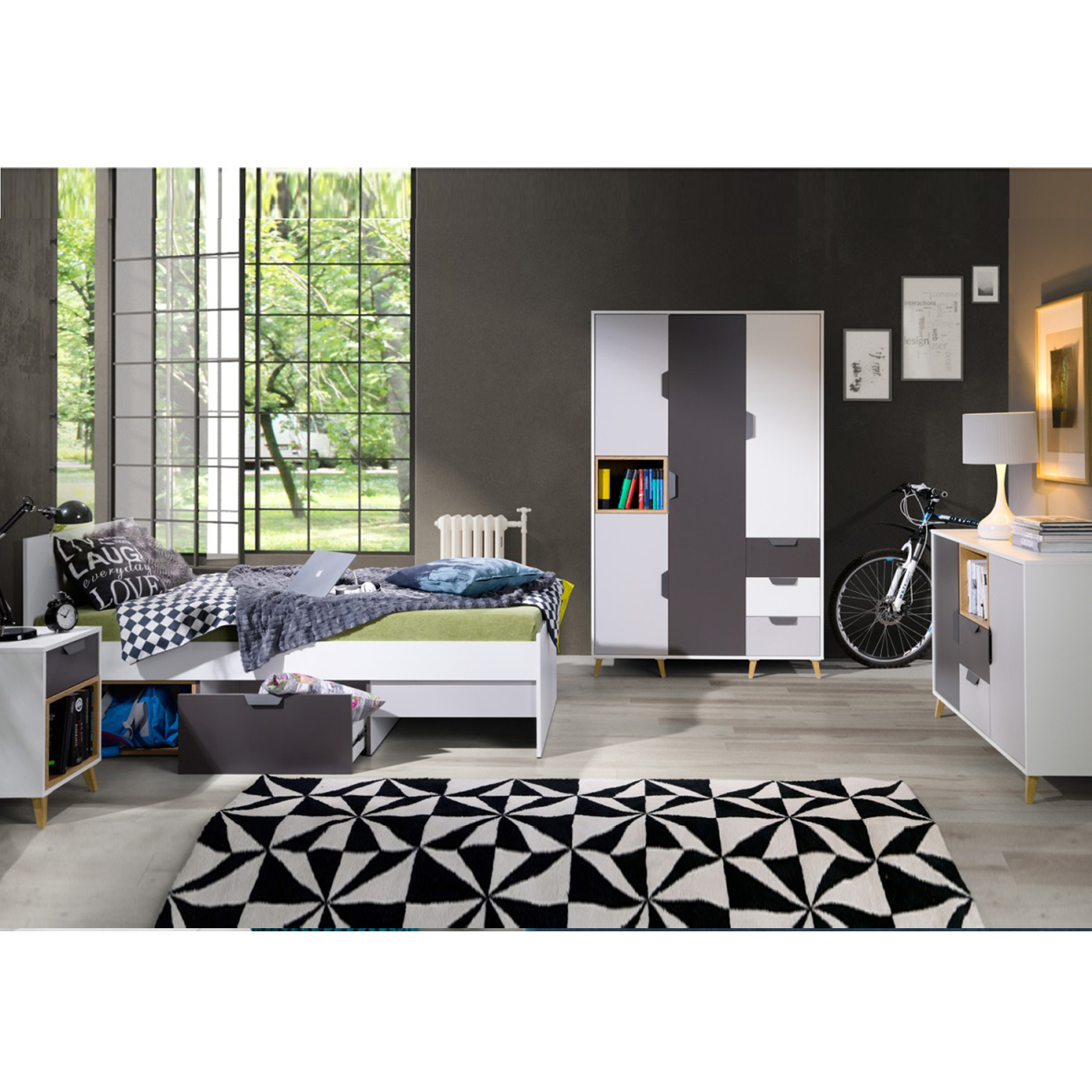 zestaw Joker 1 łóżko pojedyncze szafa trzydrzwiowa komoda komplet