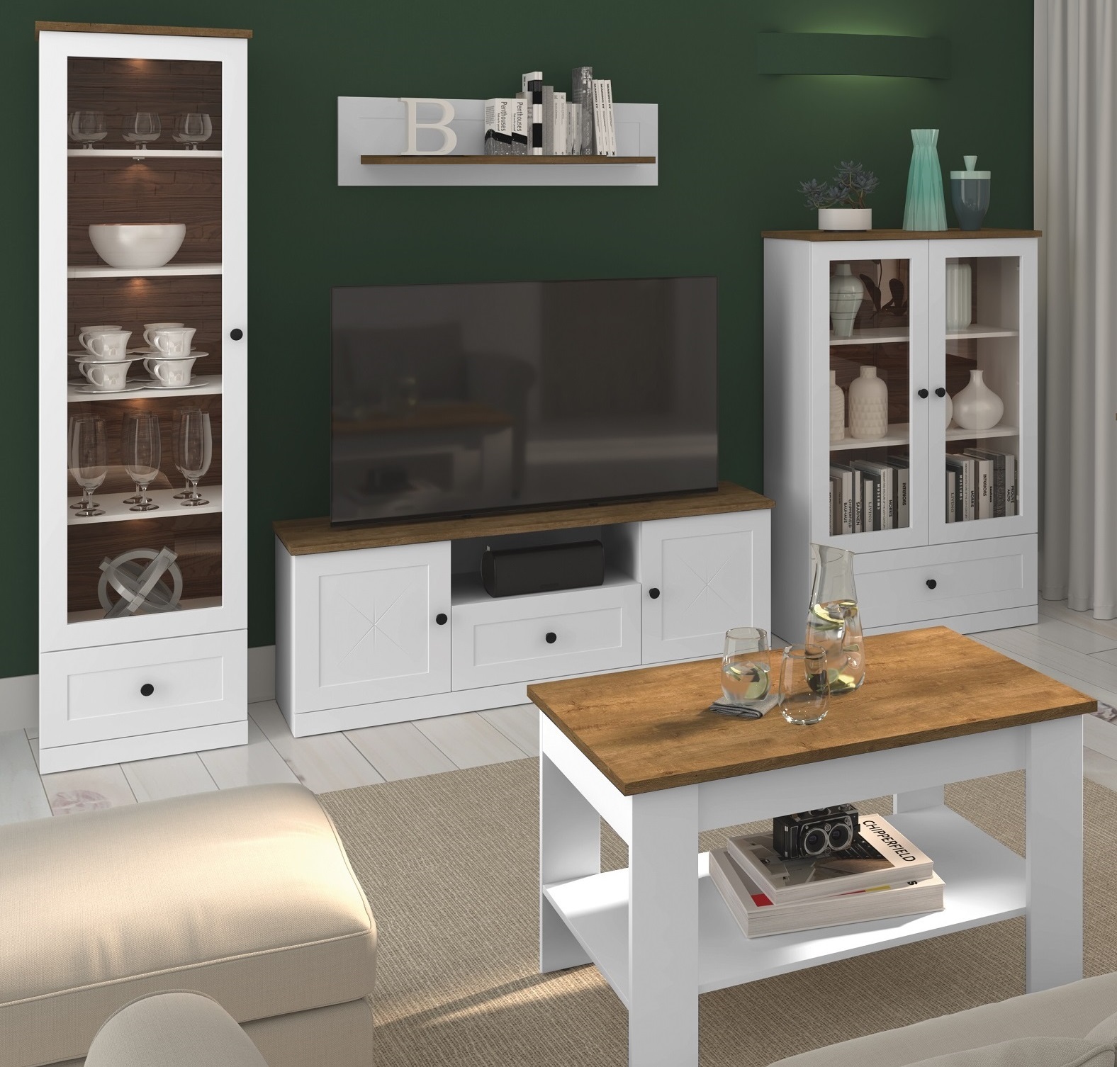 zestaw meblościanka biała +dąb Lille 2 rtv witryna ława komplet